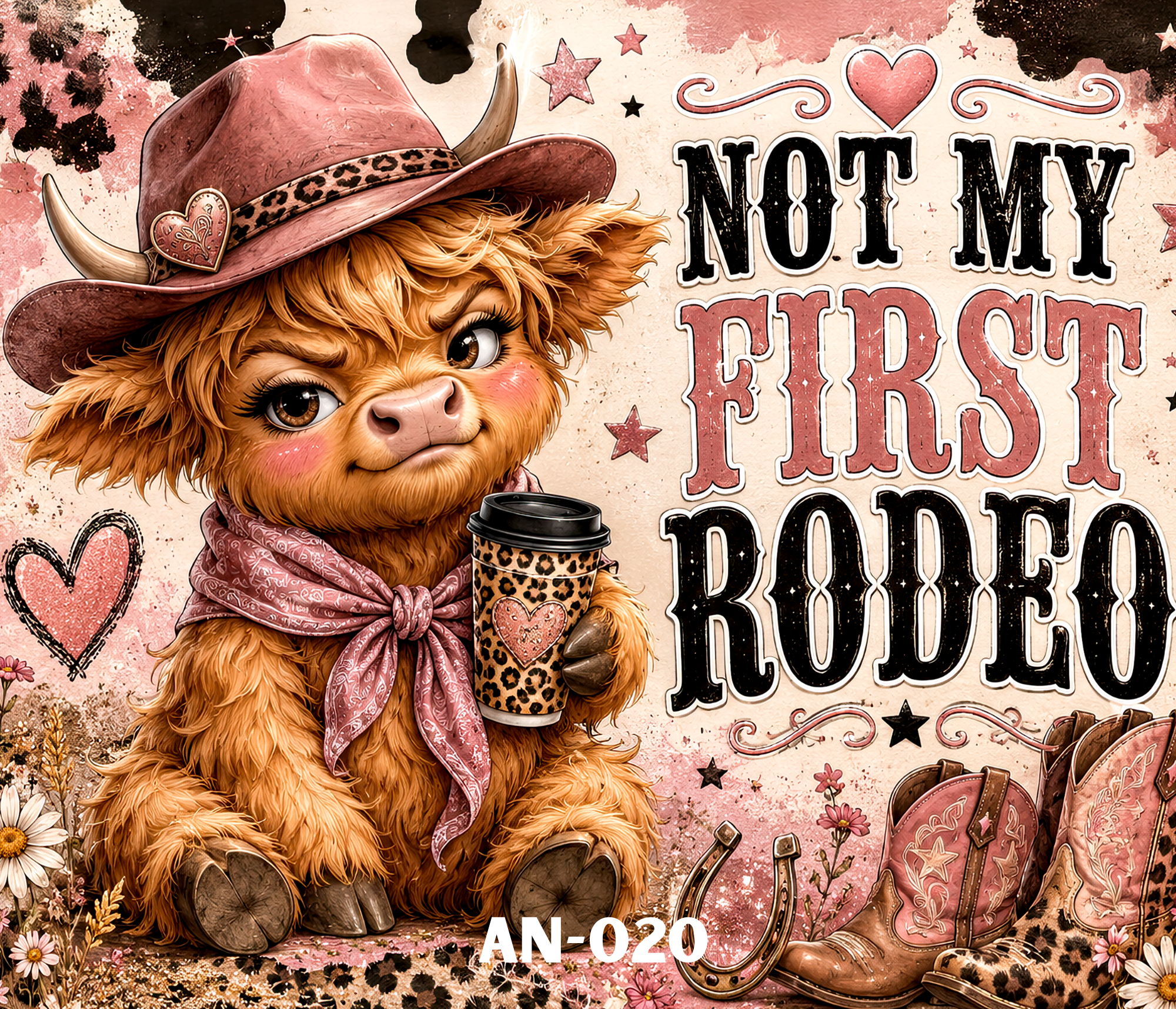 A cute lion cub dressed as a cowgirl wearing a pink hat with leopard print band, holding a leopard print coffee cup, and sitting among flowers, with a pink and black themed backdrop that says 'I love you more than honey.'