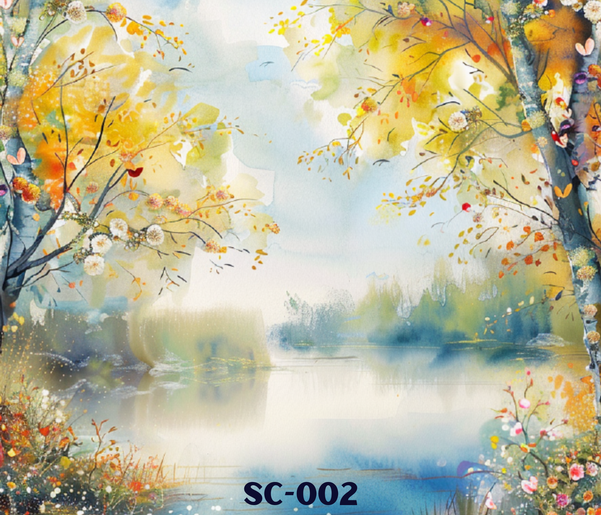 A colorful abstract watercolor painting featuring blooming flowers, trees, and a serene landscape with soft, blended colors and scattered blossoms, with the code 'SC-002' at the bottom.