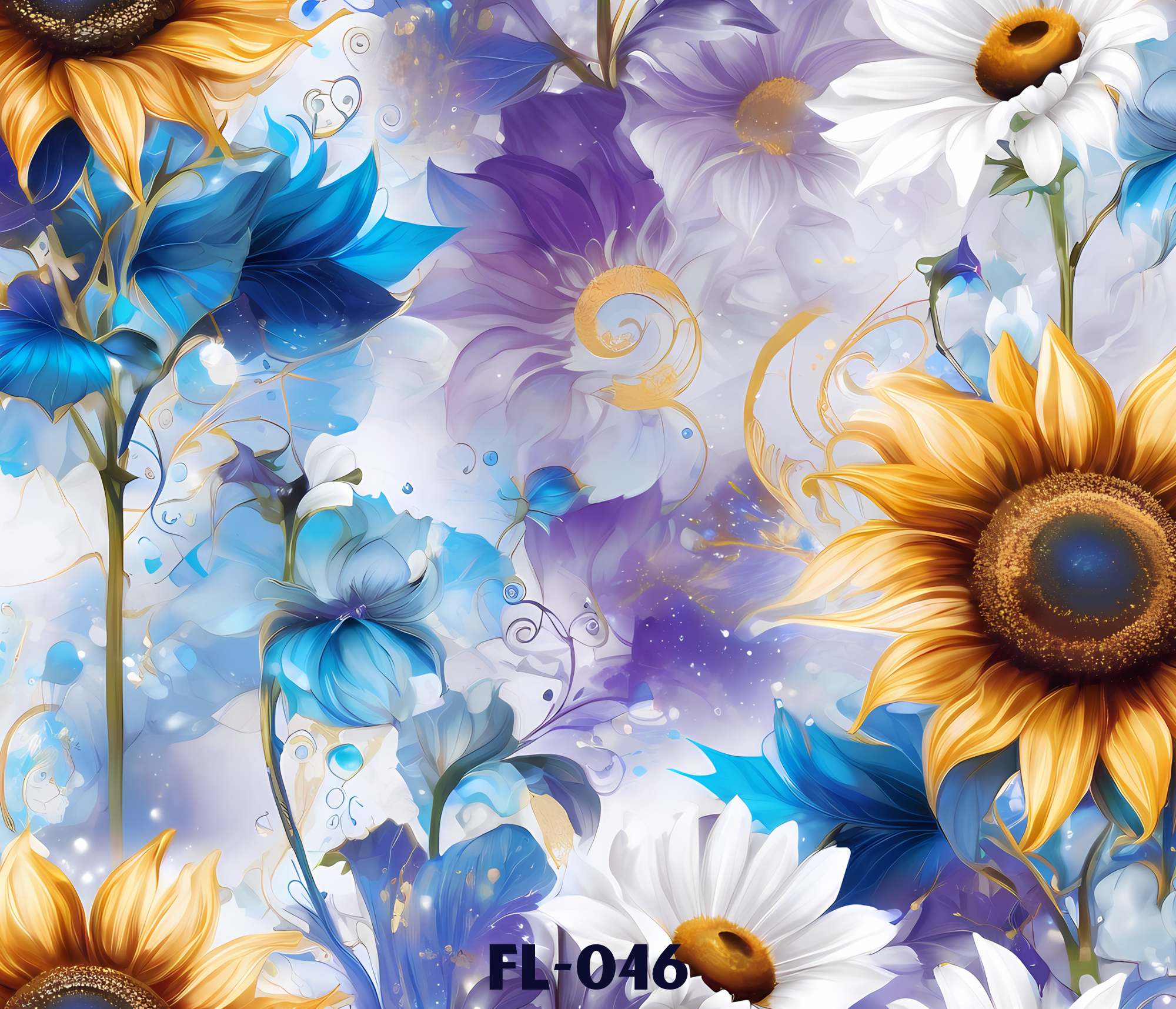 Abstract floral digital art featuring large sunflowers, white daisies with yellow centers, and purple and blue leaves with swirling accents and a soft, glowing background.