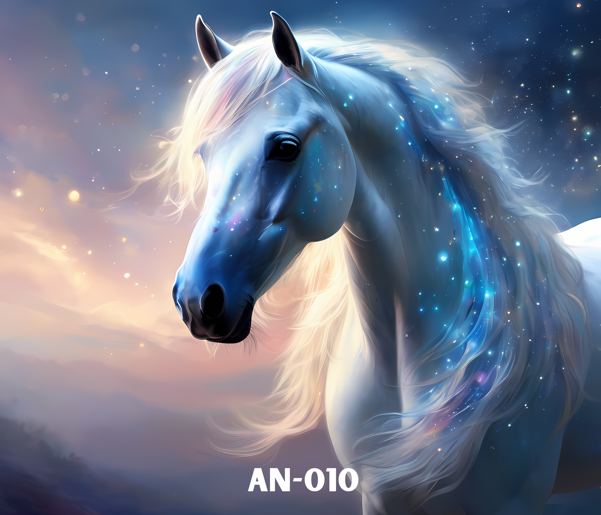 A digital illustration of a mystical white horse with a flowing mane, surrounded by a cosmic background with stars and nebulae.