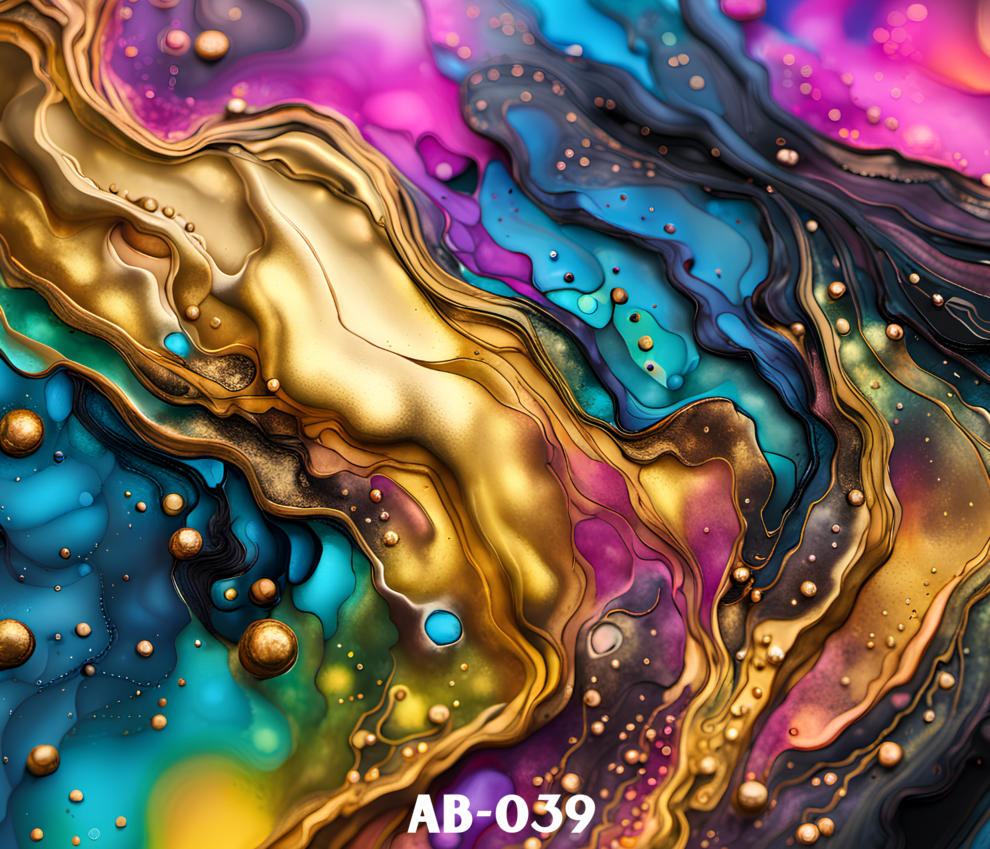 An abstract art featuring swirling colors including purple, blue, pink, gold, and black with metallic gold spheres scattered throughout.