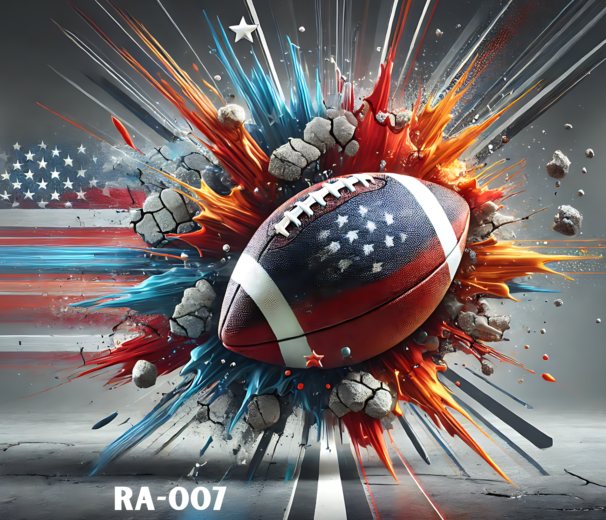 An American football exploding with a splash of red, white, and blue paint, debris, and stars, with an American flag pattern on the football, symbolizing a patriotic celebration.