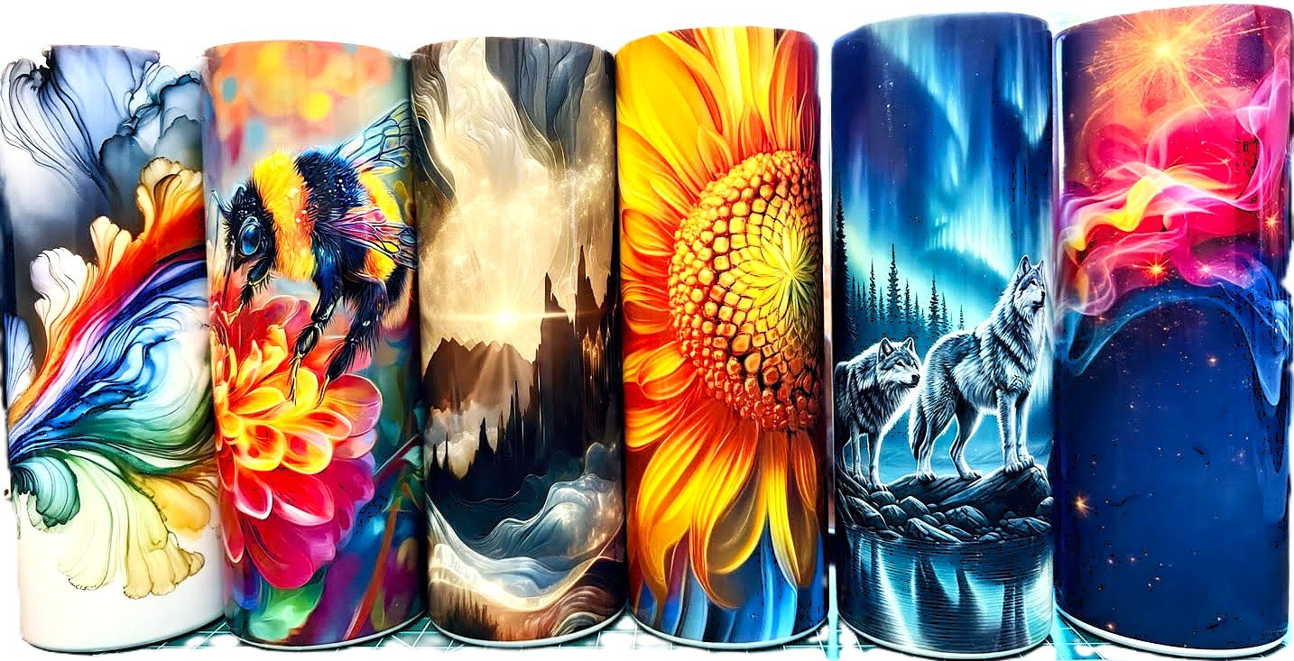 A row of seven colorful printed tumblers featuring abstract, nature, and animal designs, including a rainbow abstract pattern, a bee, a mountain landscape, a sunflower, wolves in a forest, a cosmic scene, and vibrant swirling colors.