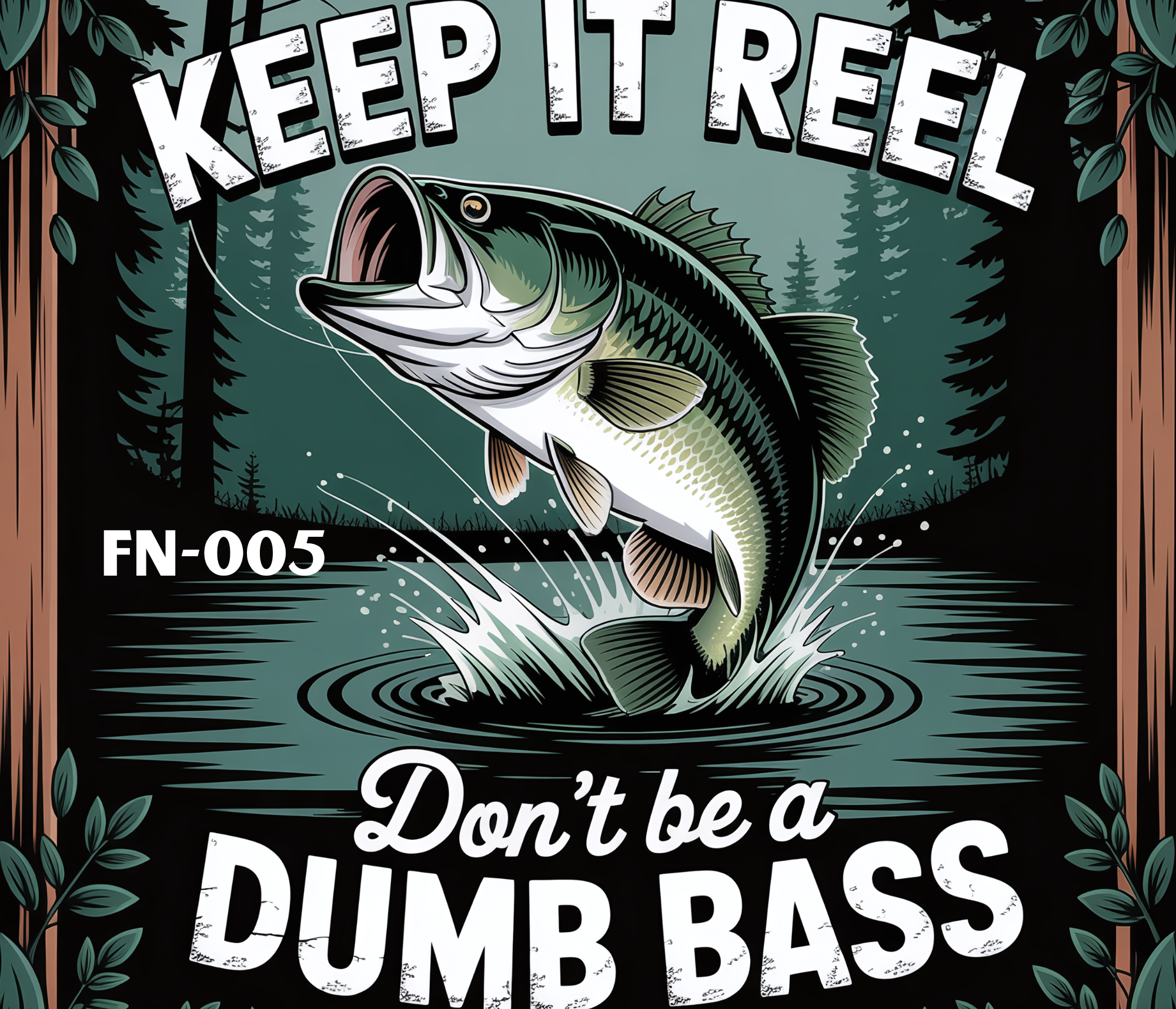 A sign with a fishing theme featuring a large bass fish and the phrase "Keep it Reel, Don't be a Dumber Bass". The background shows a forest scene with trees and leaves.