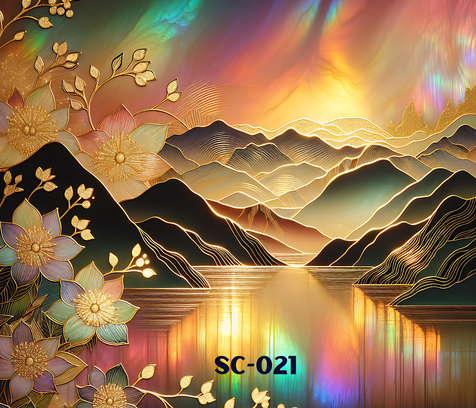 Abstract digital artwork featuring golden-outlined flowers and mountain silhouettes over a vibrant, multicolored sky with the text 'SC-021' at the bottom.