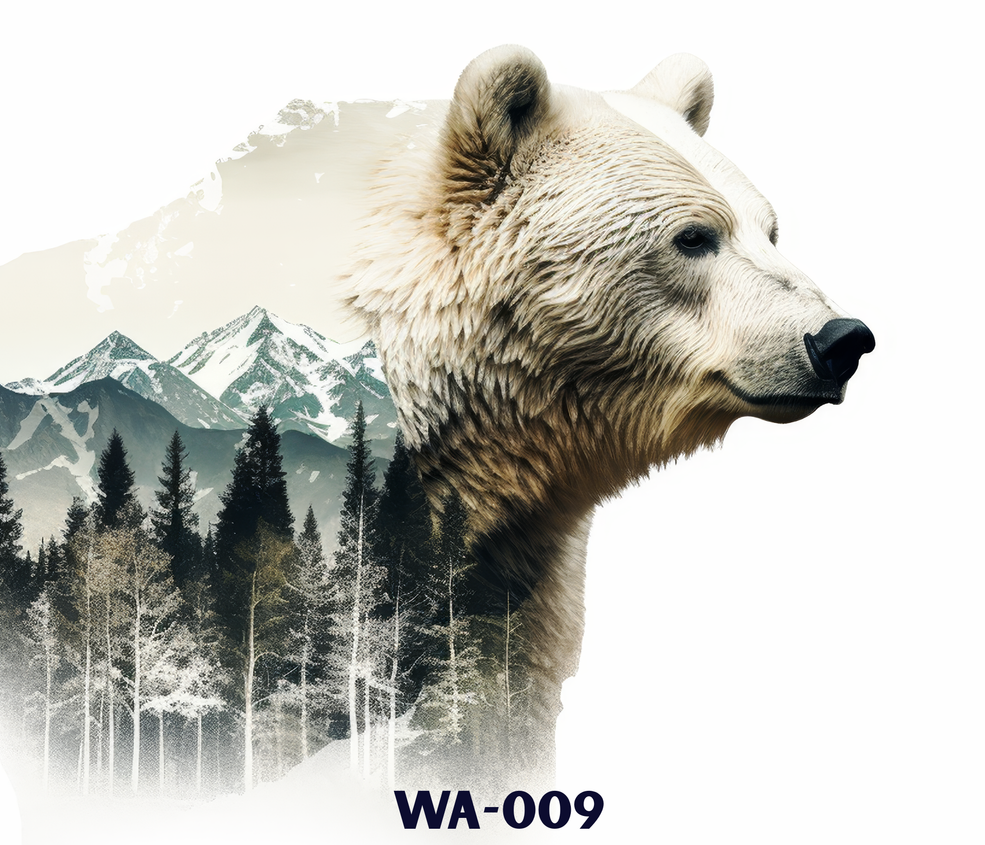 A large bear's head among snow-capped mountains and pine trees.