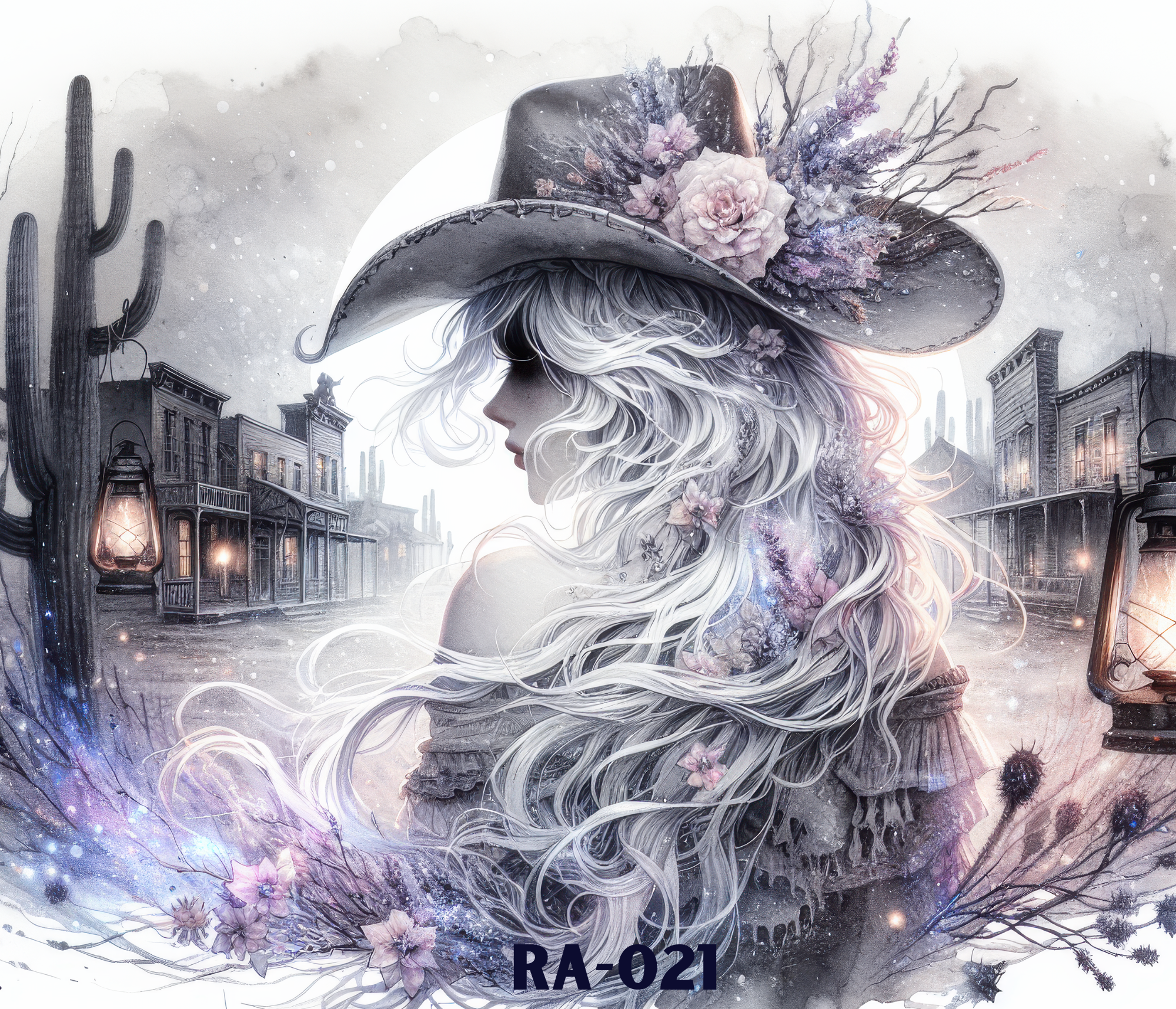 A fantasy illustration of a woman with long flowing white hair wearing a wide-brimmed hat decorated with pink flowers and purple branches. The background depicts a small town with historic buildings under a cloudy sky, with cacti in the scene. The image has a surreal, watercolor style.