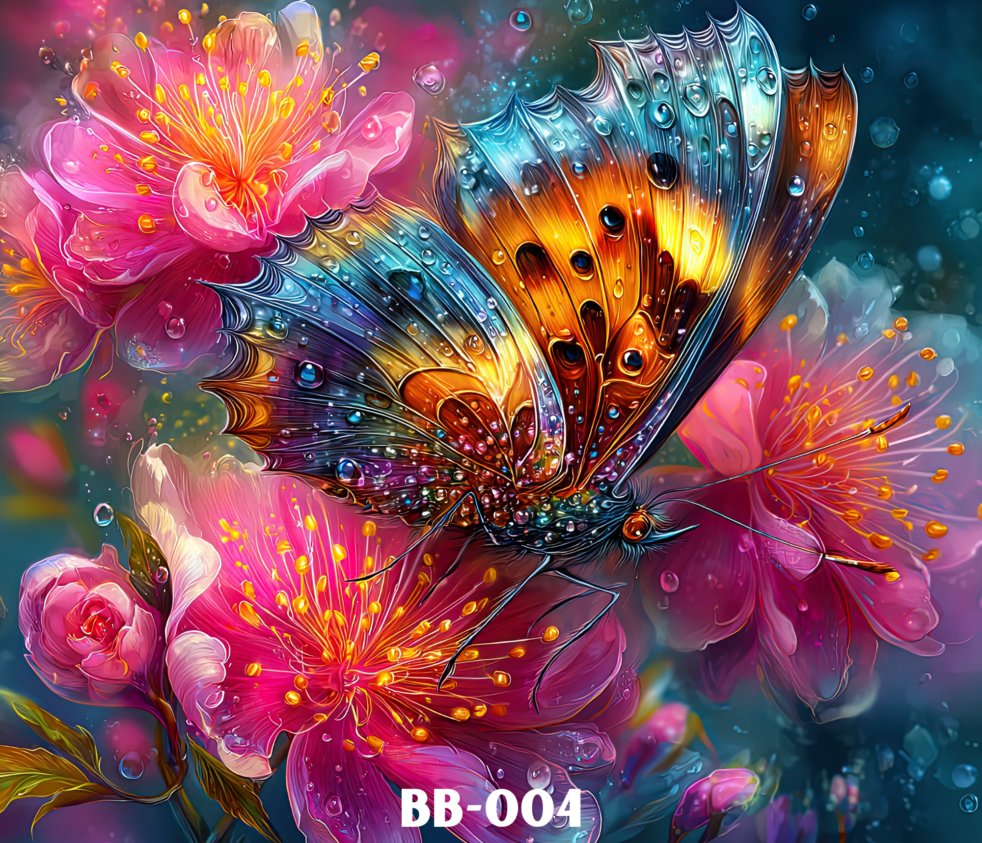 A digital artwork of vibrant pink, orange, and blue flowers with water droplets,