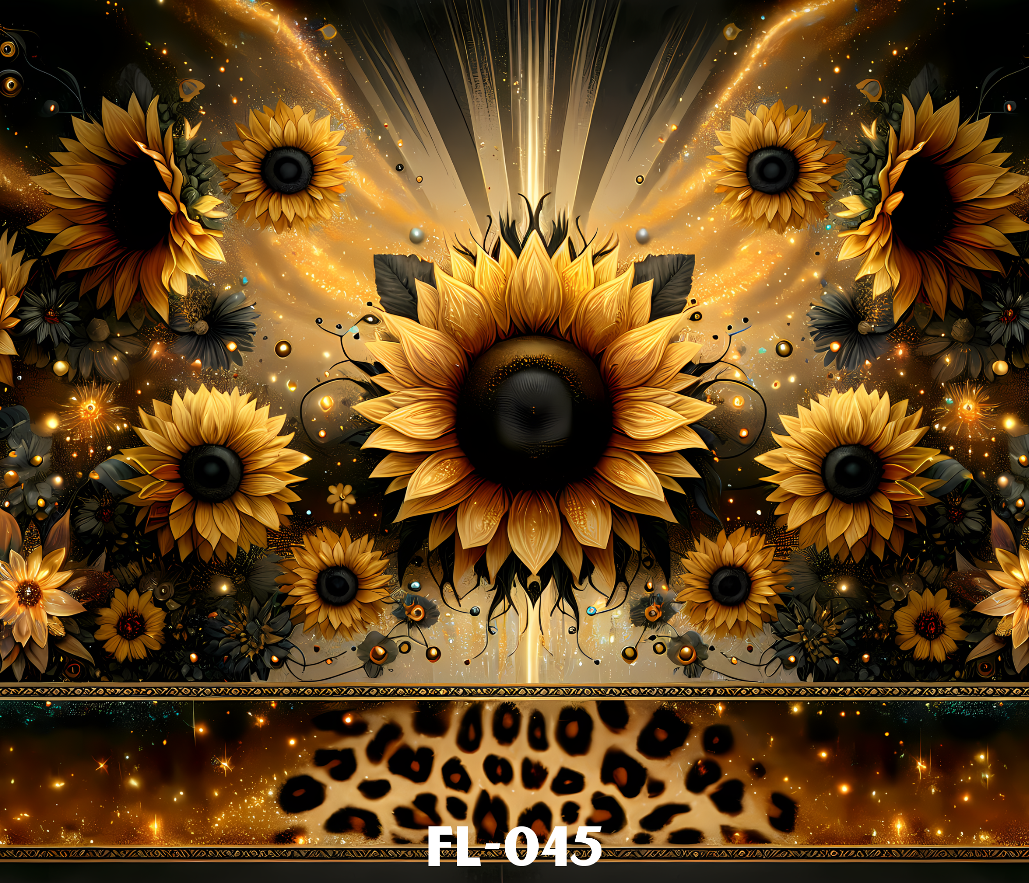 A digital artwork featuring sunflowers, abstract light streaks, and cosmic elements in black, gold, and dark colors, with a decorative border and the text 'FL-045' at the bottom.