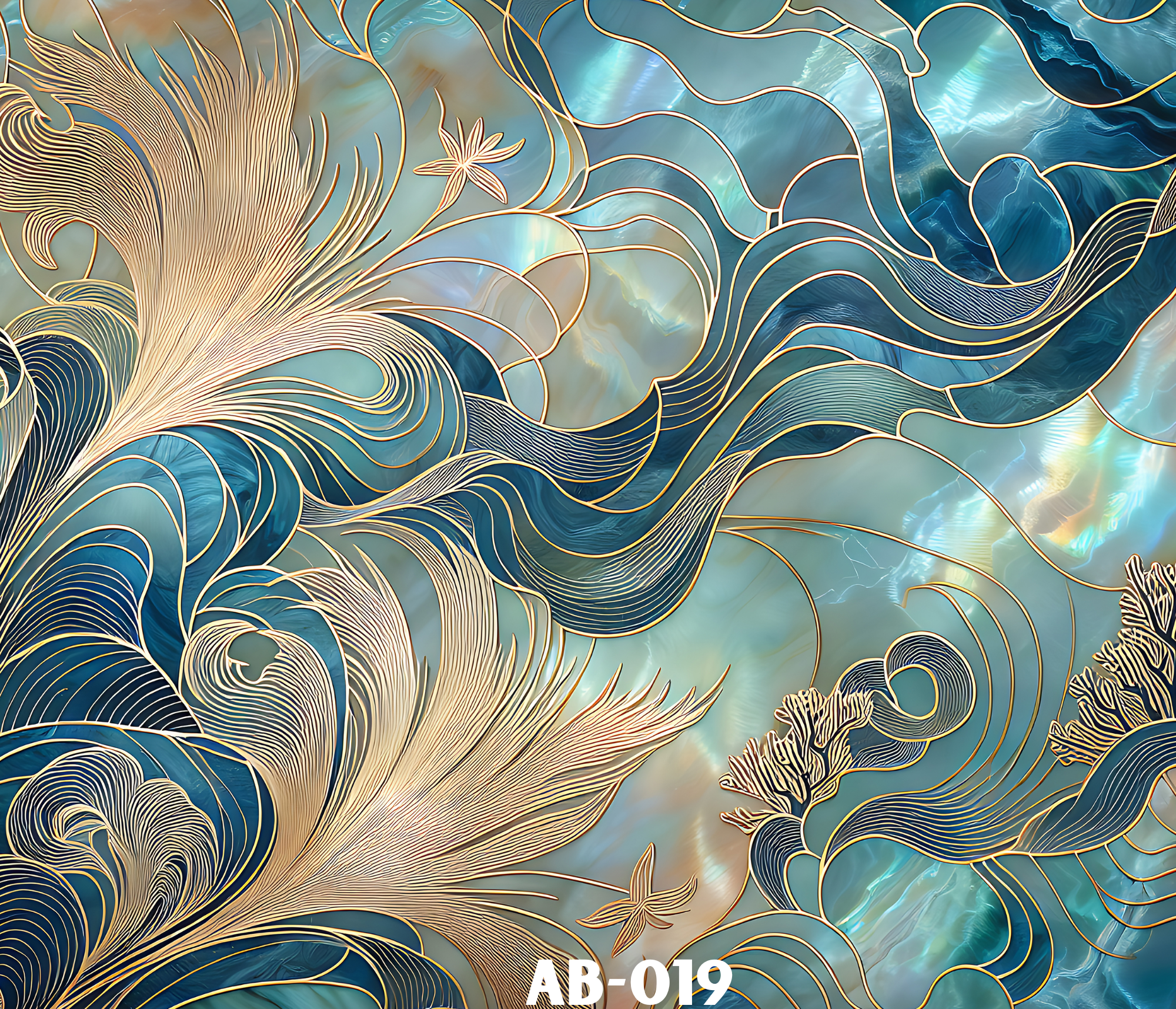 Abstract artwork featuring intricate gold lines and feathers on a swirling, iridescent blue and green background with the text 'AB-019' at the bottom center.