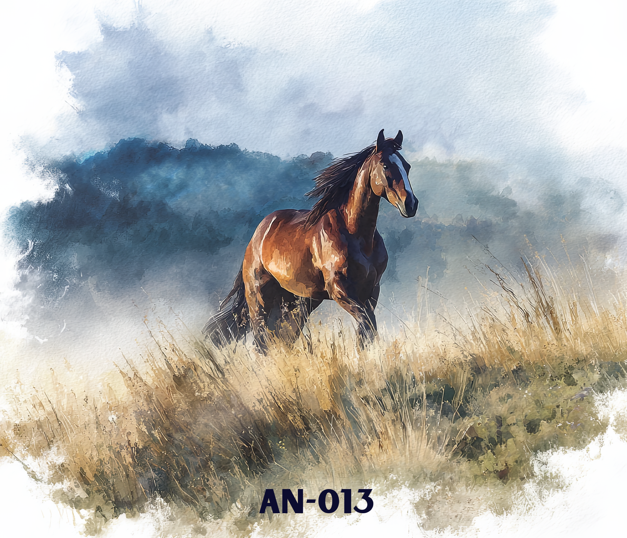 A brown horse with a black mane running through a field with dry grass and mountains in the background on a cloudy day.