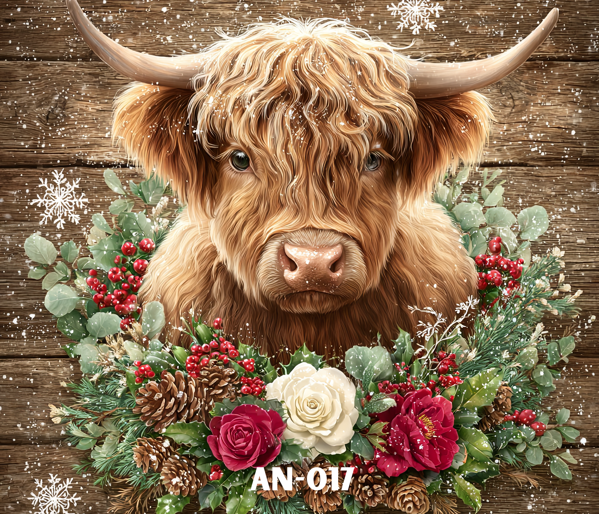 A Highland cow with long, curly, golden fur and large horns, surrounded by red berries, white roses, pine cones, and green foliage on a wooden background with snowflake decorations.