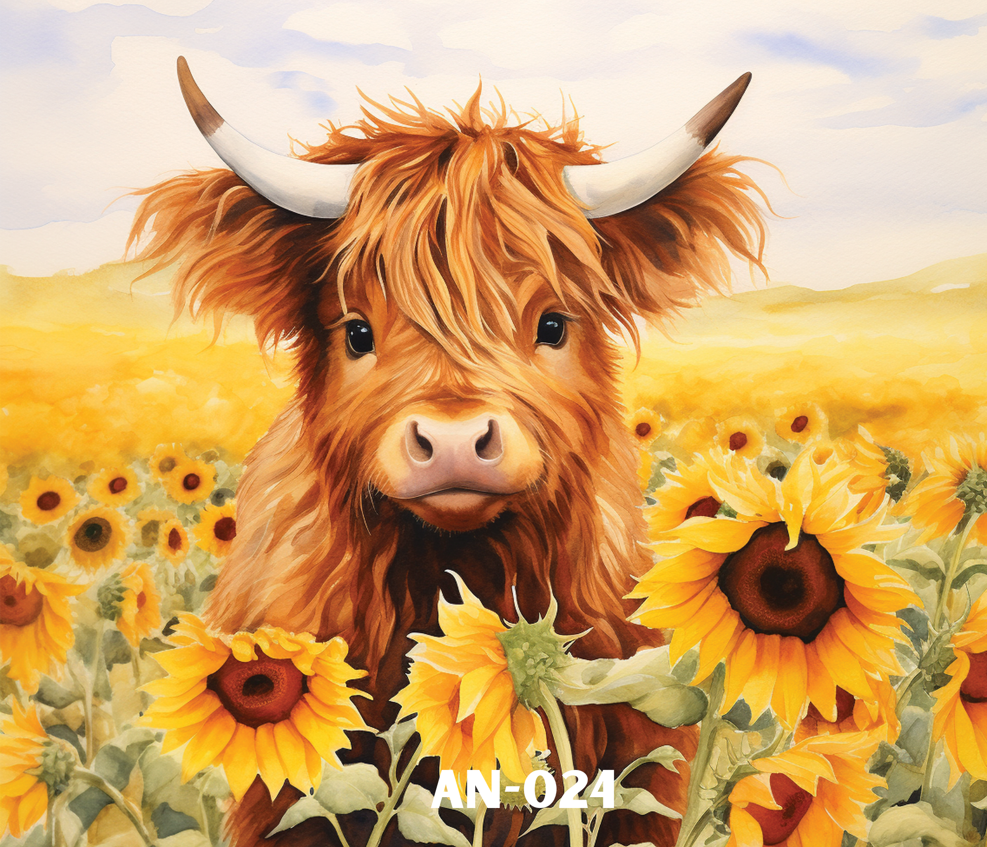Watercolor illustration of a Highland cow with large curved horns in the center, surrounded by sunflowers and other wildflowers in a field, with a sky background.