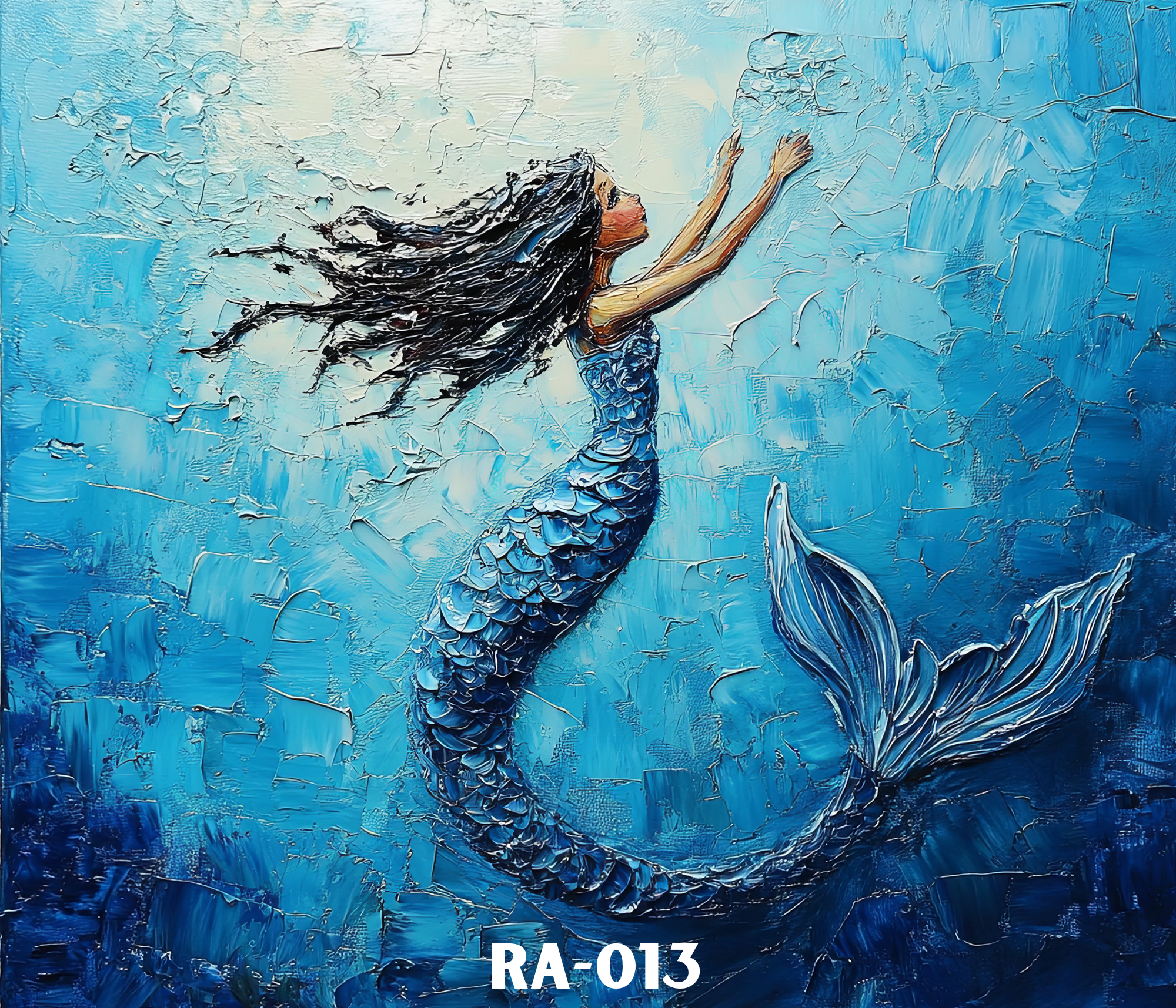 An artistic image of a woman with long dark hair, reaching upward, with a textured blue background