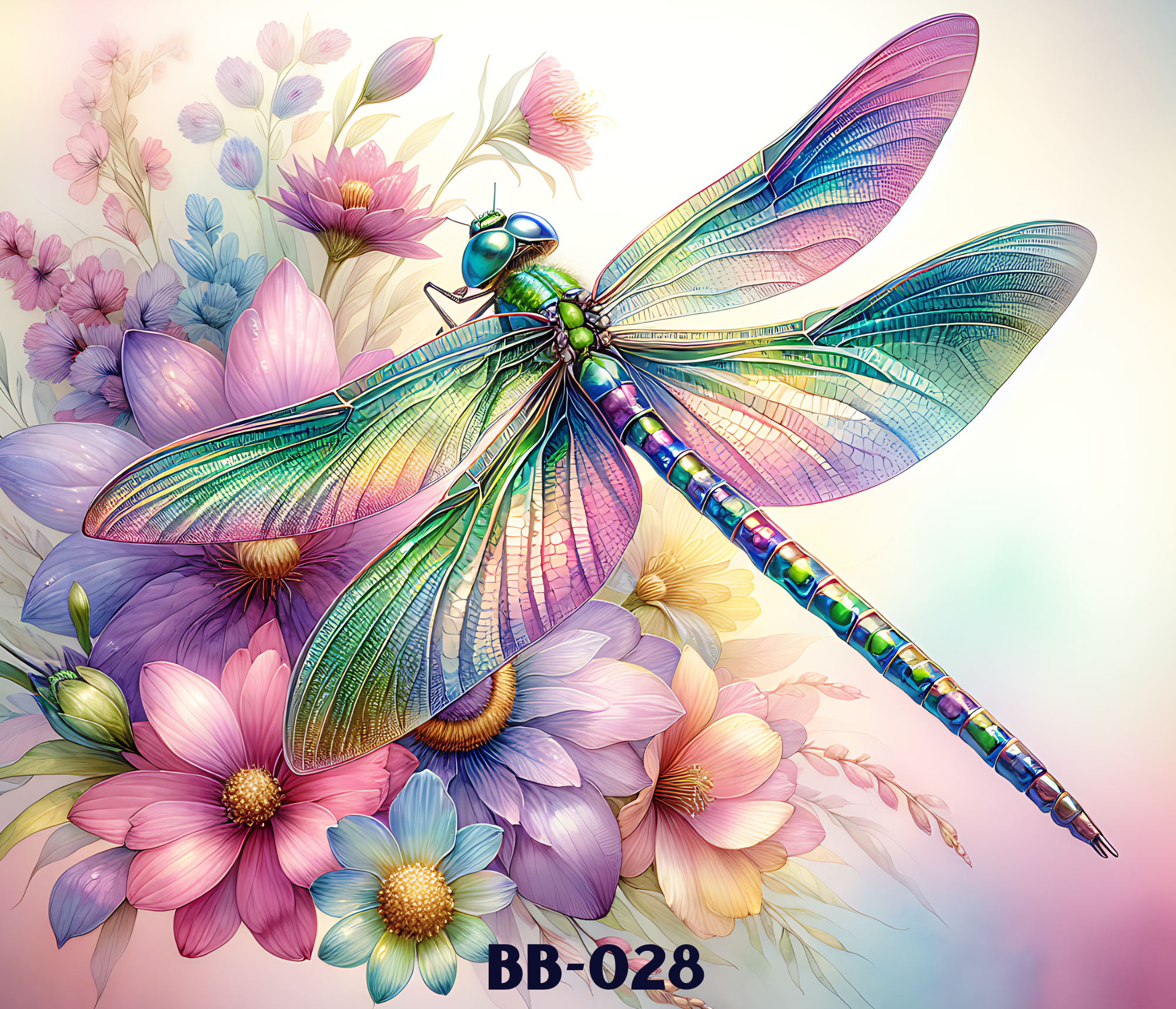A colorful digital illustration of a dragonfly with rainbow-colored wings perched on pink, purple, and blue flowers,