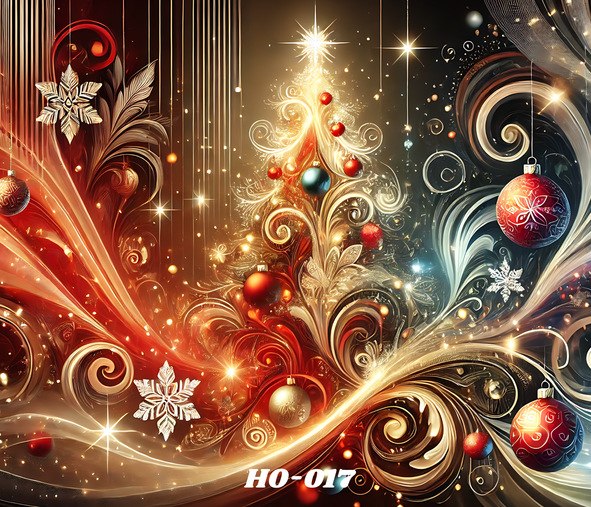 A festive, abstract holiday scene featuring swirling patterns, Christmas ornaments, a stylized Christmas tree with red and blue baubles, and snowflakes. Bright starbursts and glowing accents create a warm, celebratory atmosphere.
