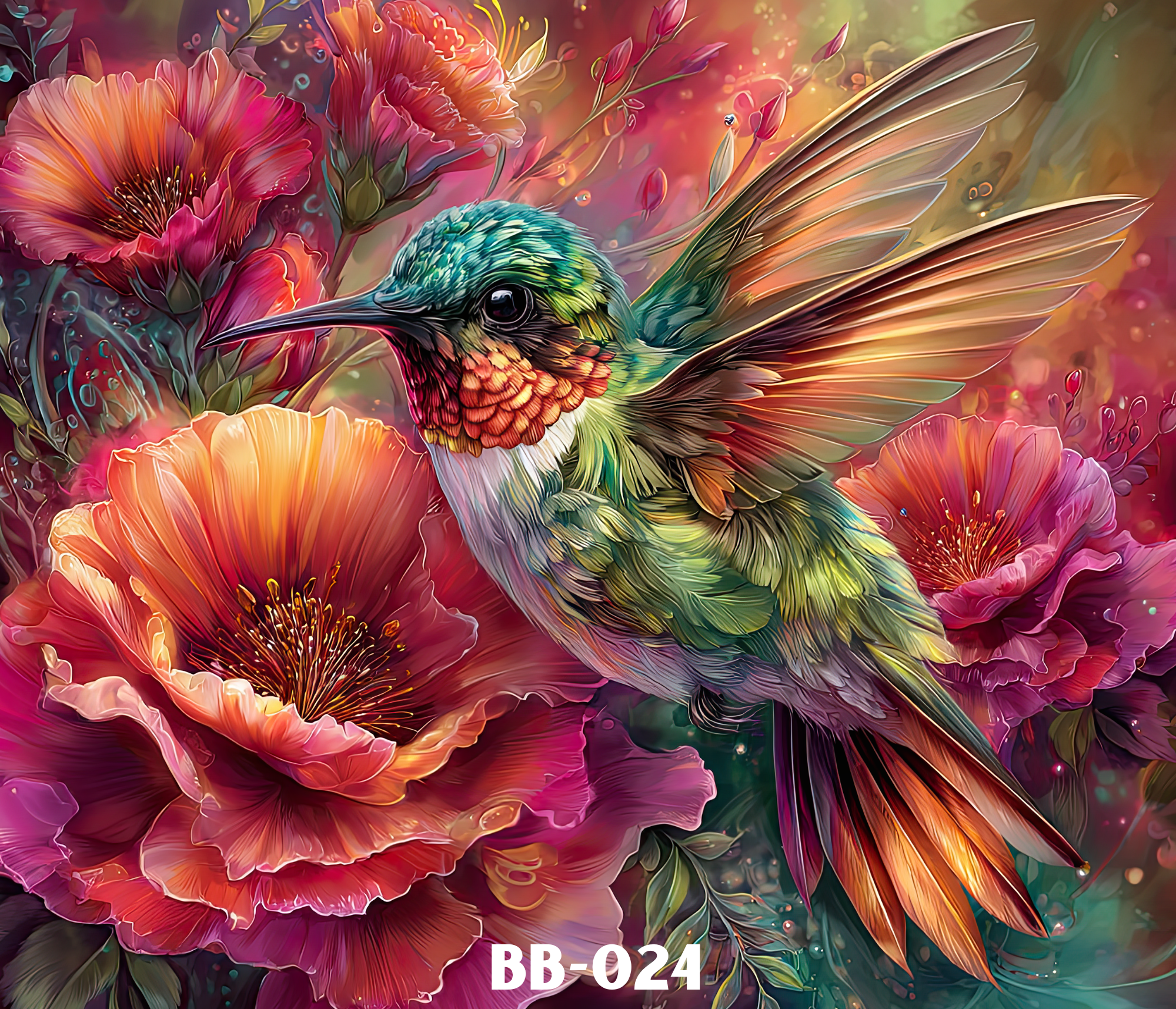 Colorful illustration of a hummingbird hovering among vibrant pink and orange flowers with lush green leaves and a blurred multicolored background.