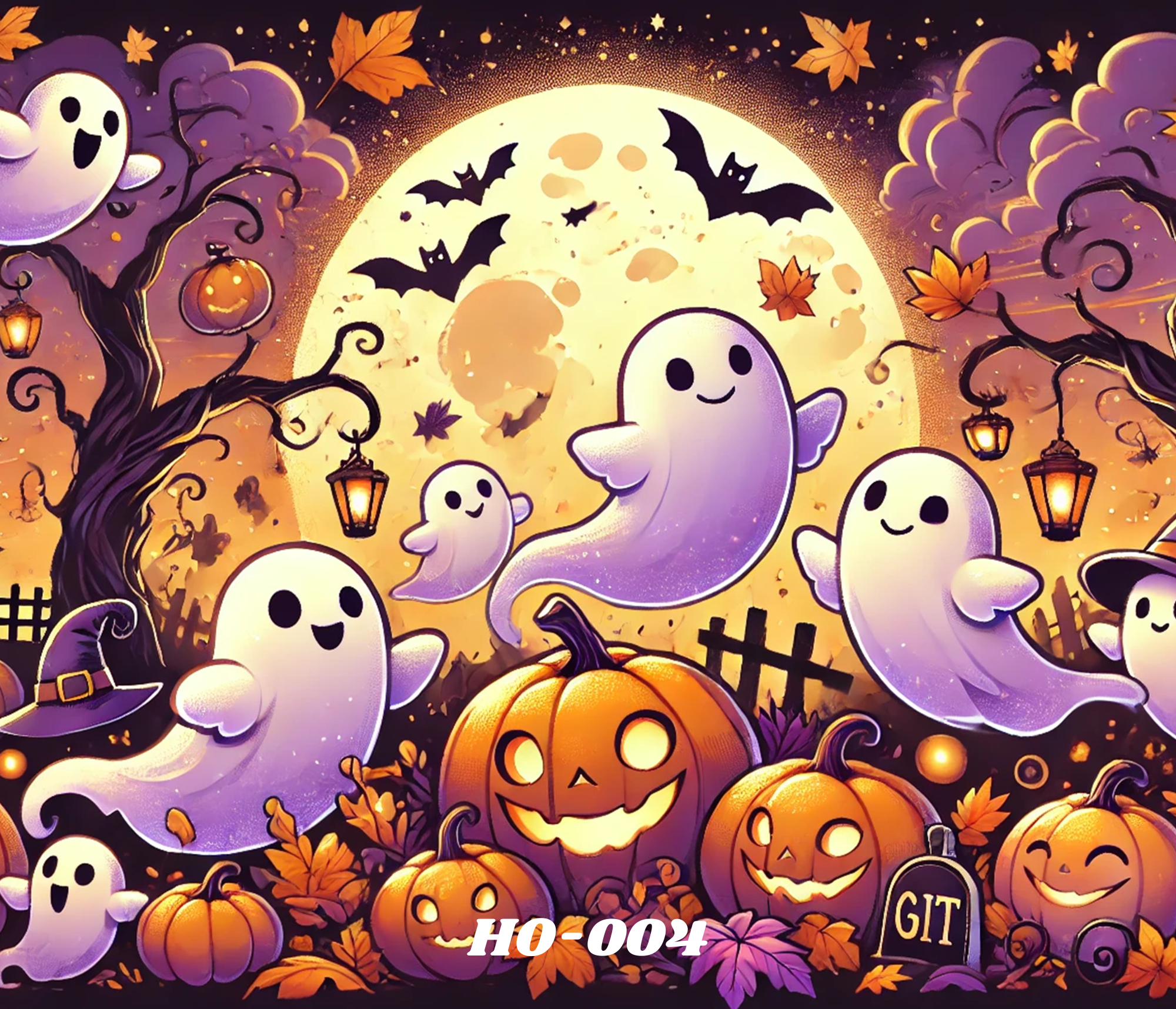 Halloween-themed digital illustration featuring smiling ghost characters, orange pumpkins, black bats, autumn leaves, and glowing lanterns in front of a full moon.