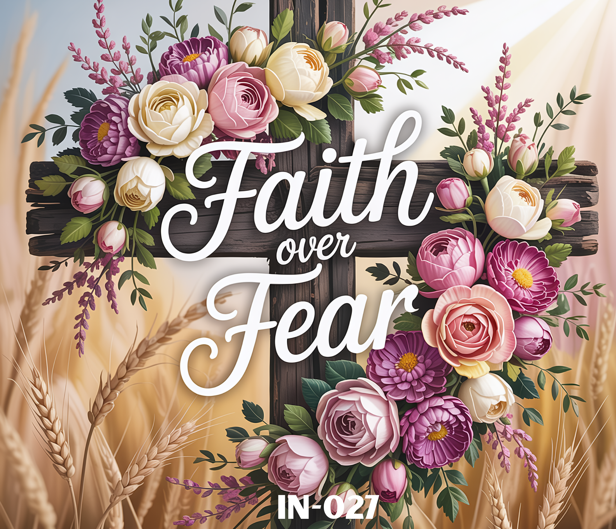 A decorative sign with the phrase "Faith over Fear" surrounded by pink, white, and purple flowers and greenery, set against a natural background with wheat stalks.