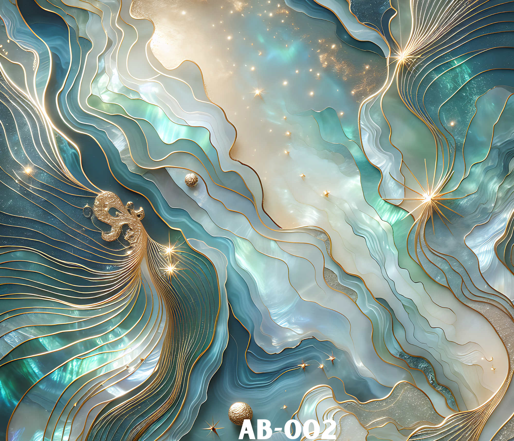 Abstract art with flowing layers of blue, teal, gold, and white, decorated with sparkling stars and metallic accents.