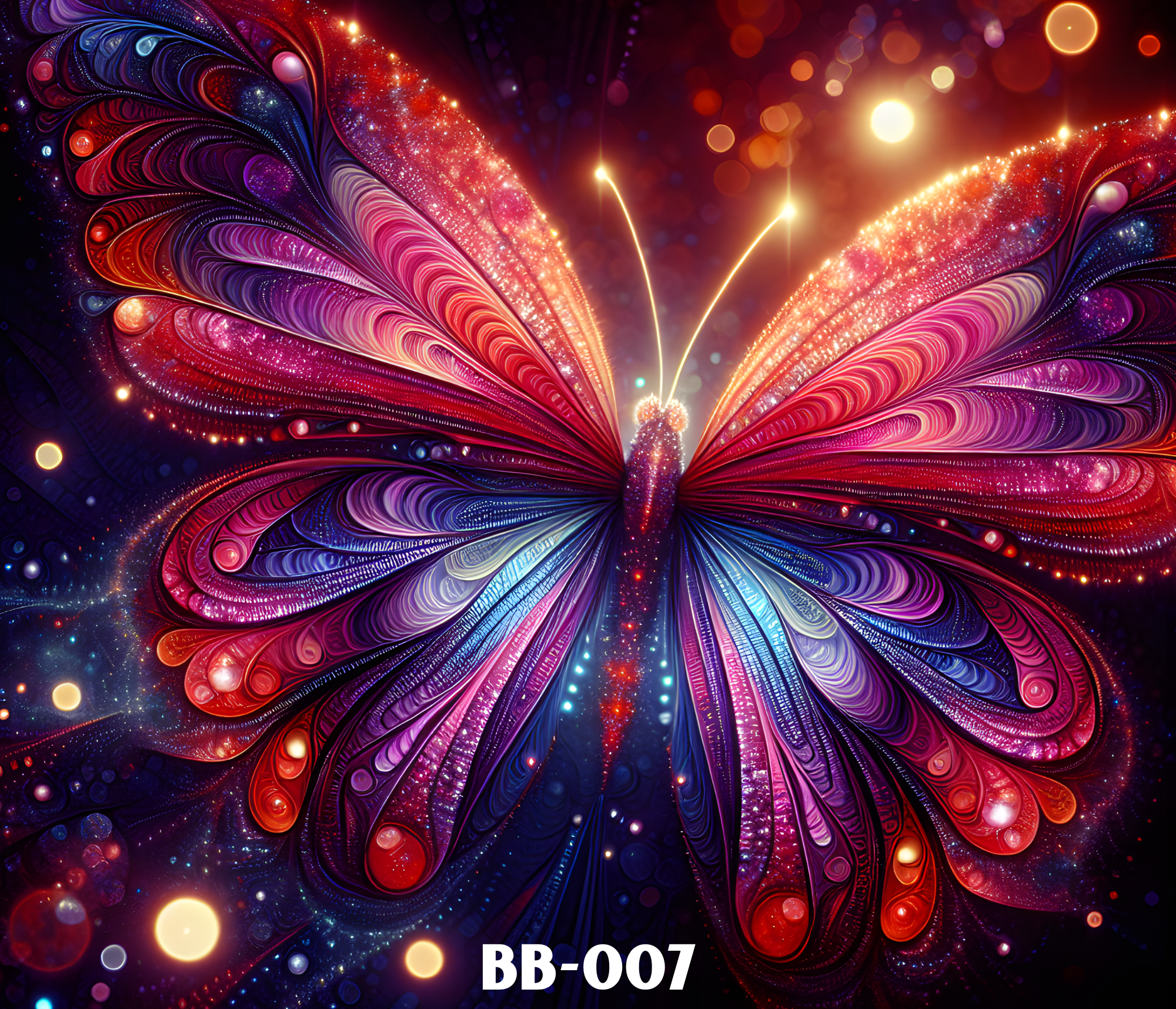 Abstract digital artwork of a butterfly with vibrant red, purple, pink, blue, and orange hues, featuring glowing light trails and illuminated orbs with a cosmic background.