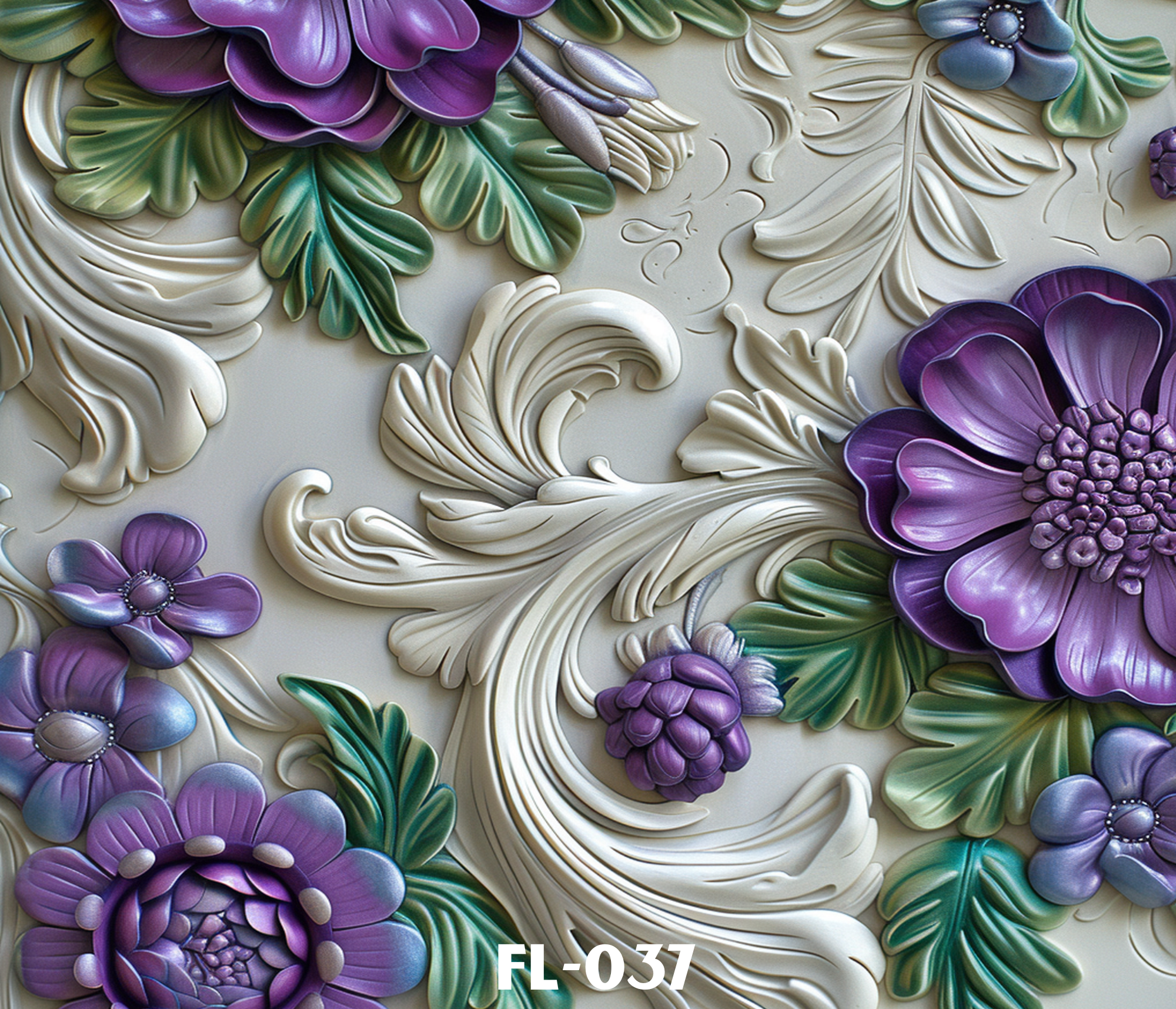 Close-up photo of a decorative floral pattern with detailed, layered purple, green, white, and blue flower and leaf motifs. The design appears three-dimensional with intricate textures. Text overlay reads  FL-037.