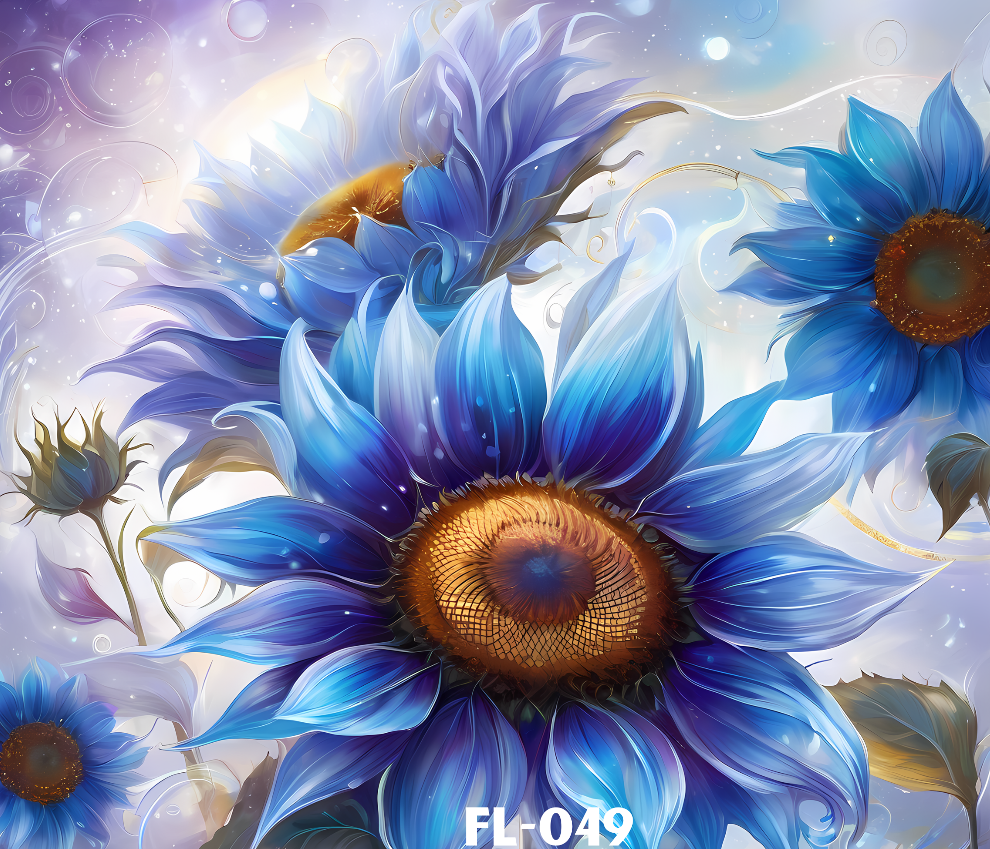 Digital artwork of large blue flowers with intricate details in a surreal, glowing background, featuring light purples, blues, and whites with abstract circular elements and light effects.