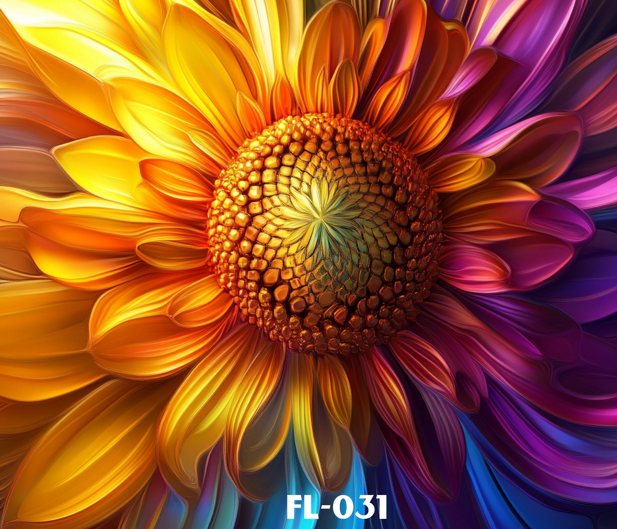 Colorful, abstract flower with rainbow-colored petals and a pattern center, with the text 'FL-031' at the bottom.