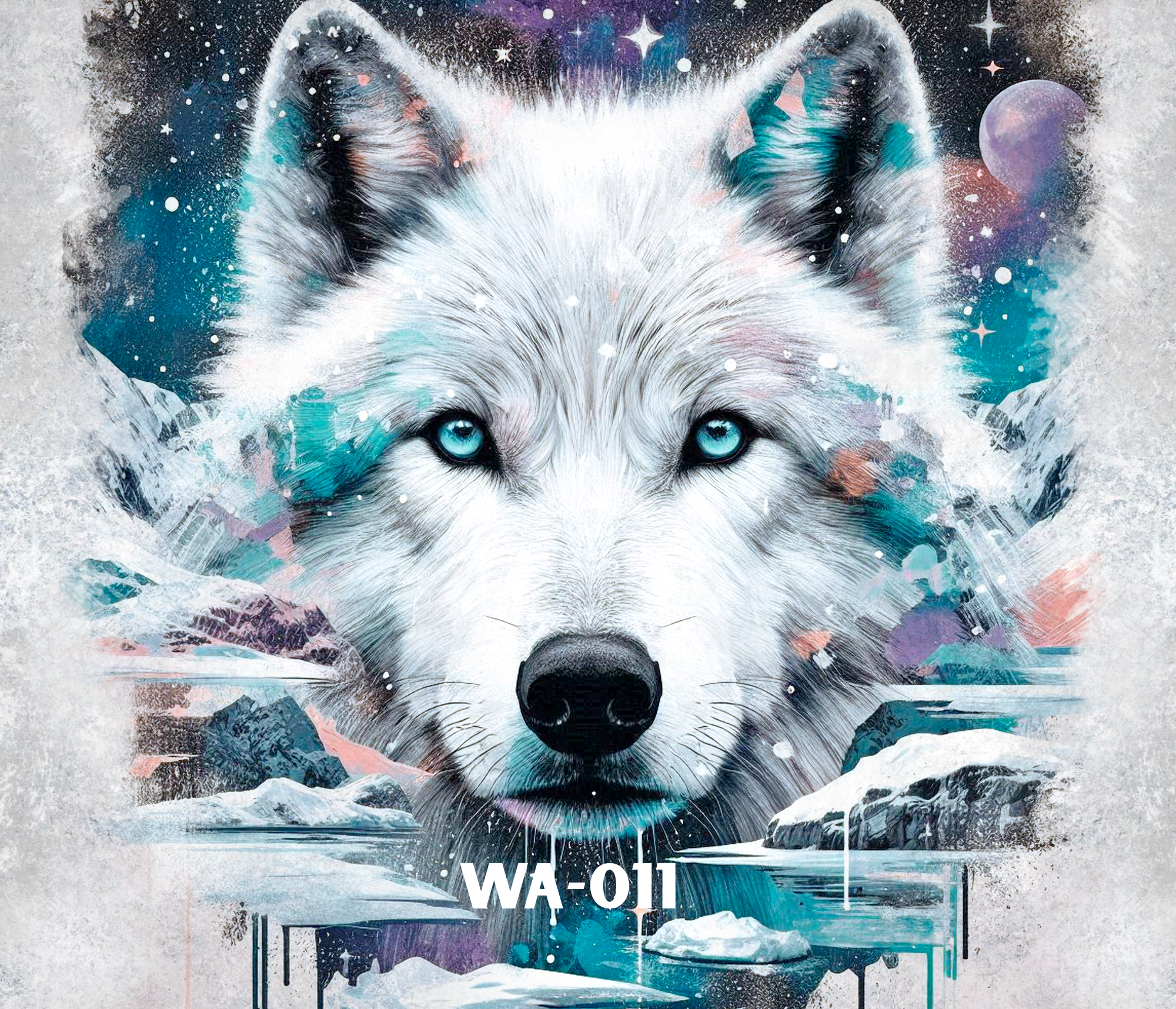 A watercolor-style painting of a wolf with icy blue eyes, set against a starry night sky with a moon and snow-capped mountains in the background.