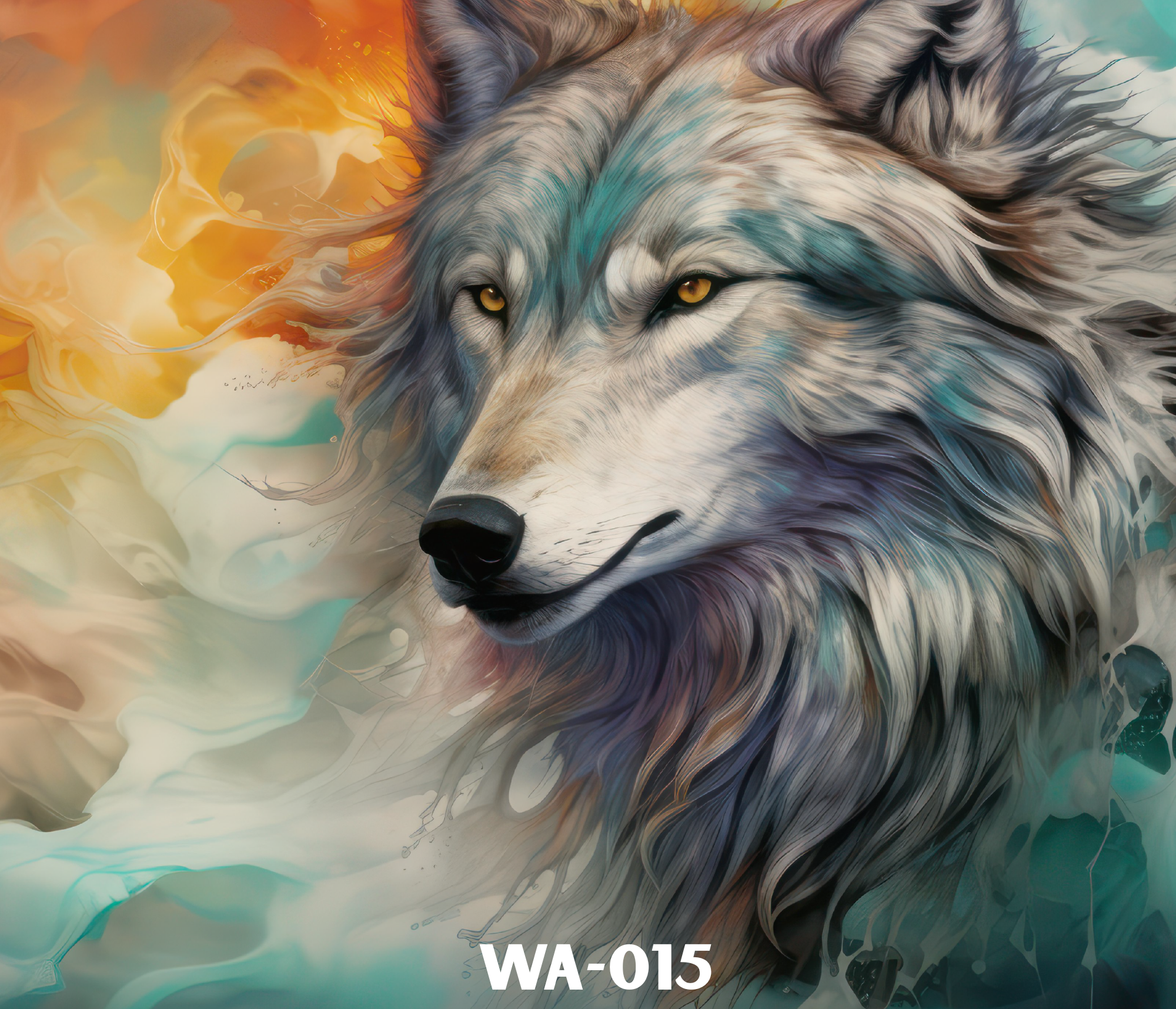 A digital painting of a wolf with detailed fur in shades of gray, white, and black, with hints of blue and turquoise. The wolf has striking yellow eyes and appears to be emerging from colorful abstract swirls of yellow, orange, and teal.