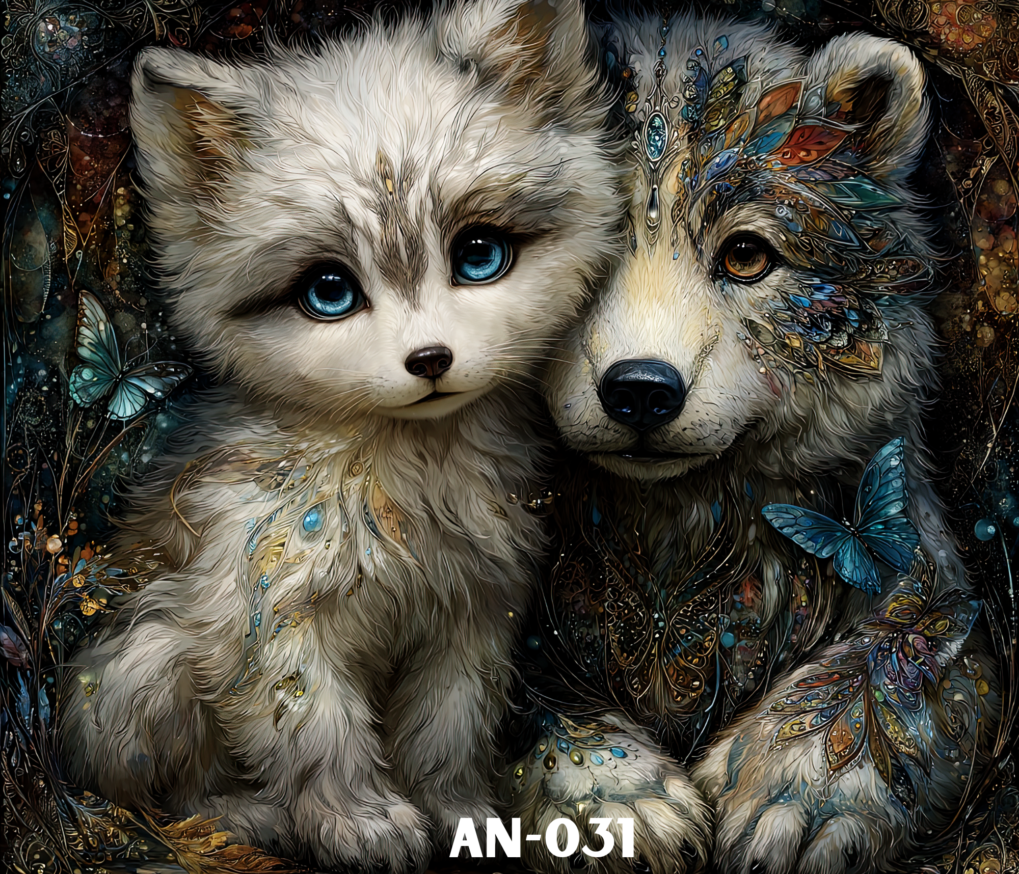 Digital artwork of two wolf puppies with different eye colors, surrounded by colorful butterflies and abstract patterns,