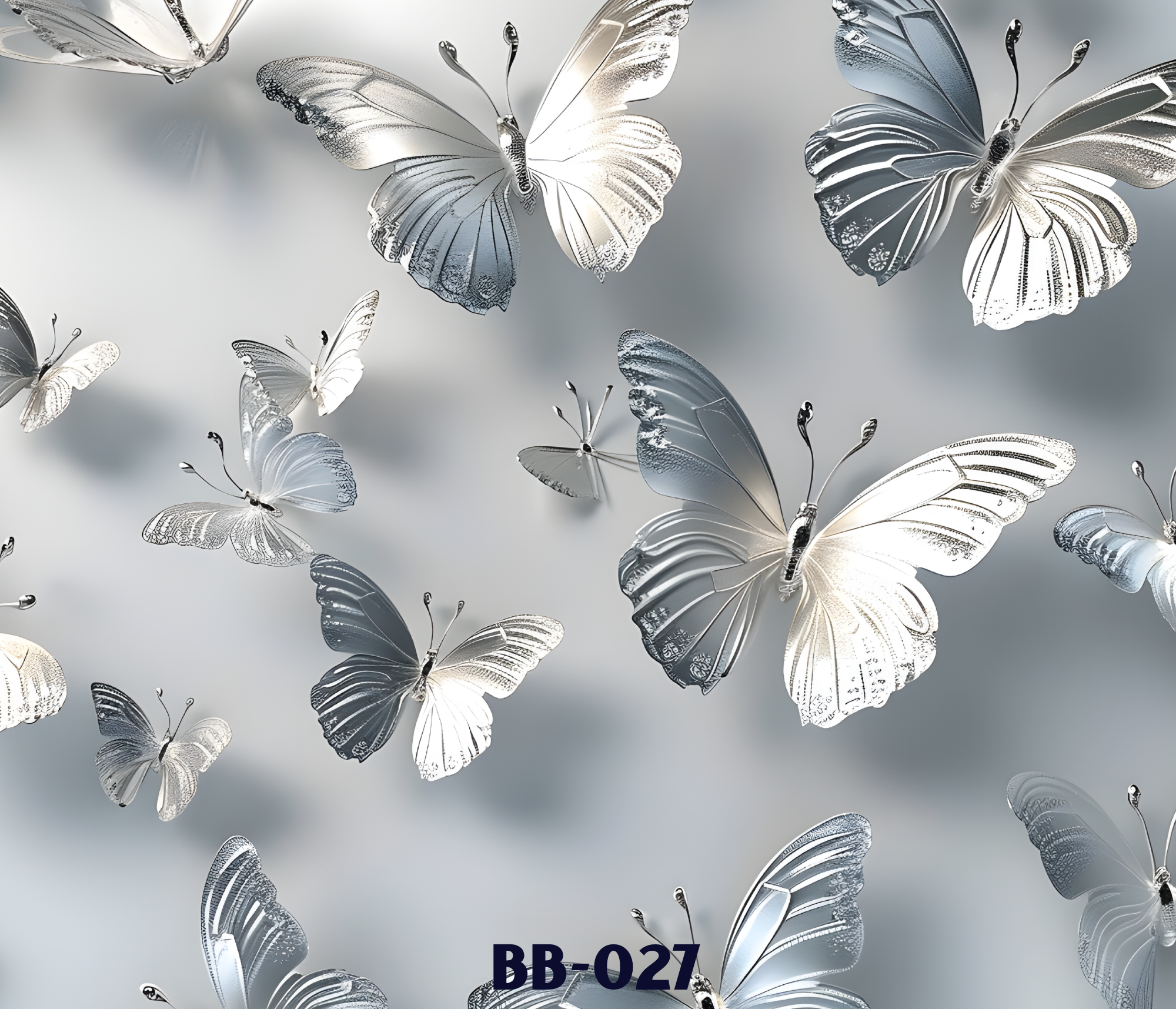 Group of metallic silver and blue butterflies with intricate wing patterns, floating against a neutral background,