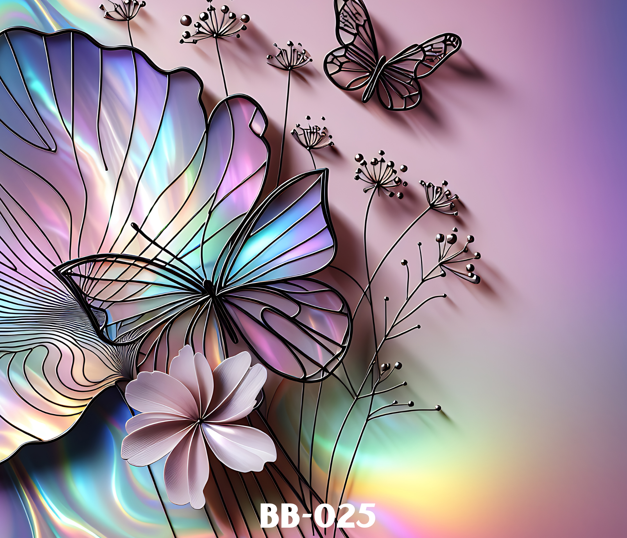 A decorative wall art piece featuring a butterfly and flower silhouette and a background with rainbow-like light reflections on a pink wall.