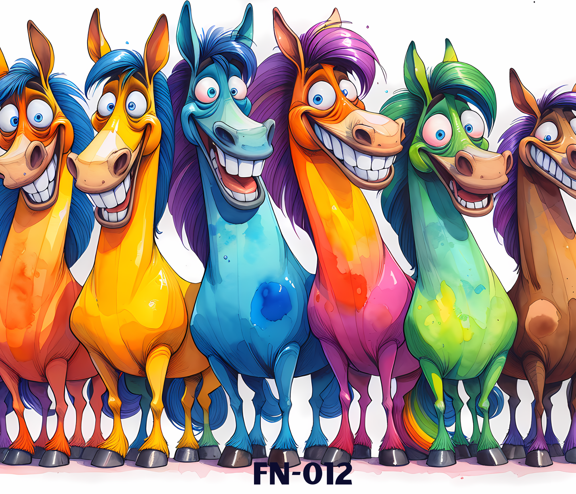 Colorful cartoon horses with exaggerated facial expressions, arranged in a row,