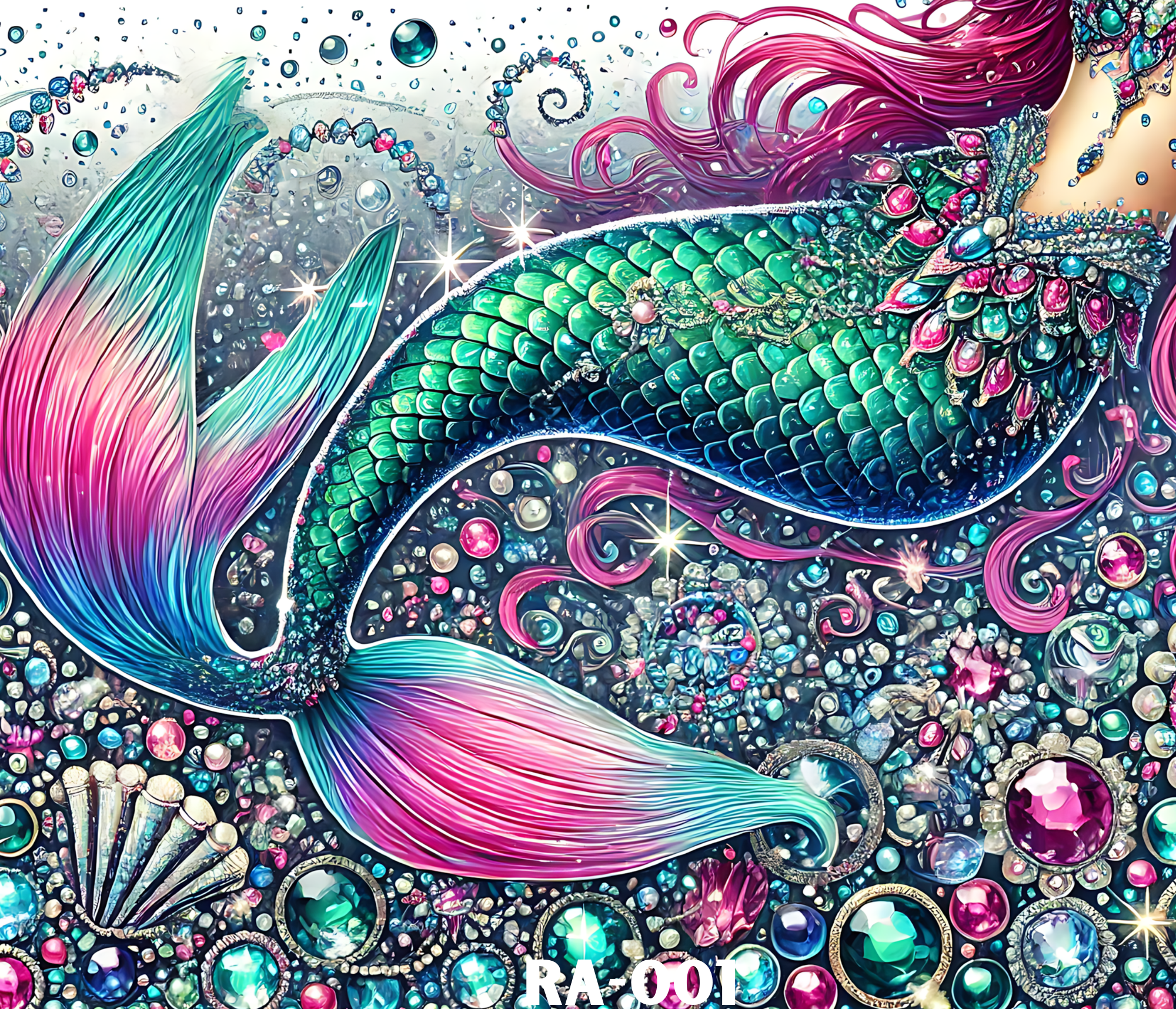 Vibrant digital artwork of a dragon with scales, flowing pink hair, and surrounded by sparkling gems and bubbles,