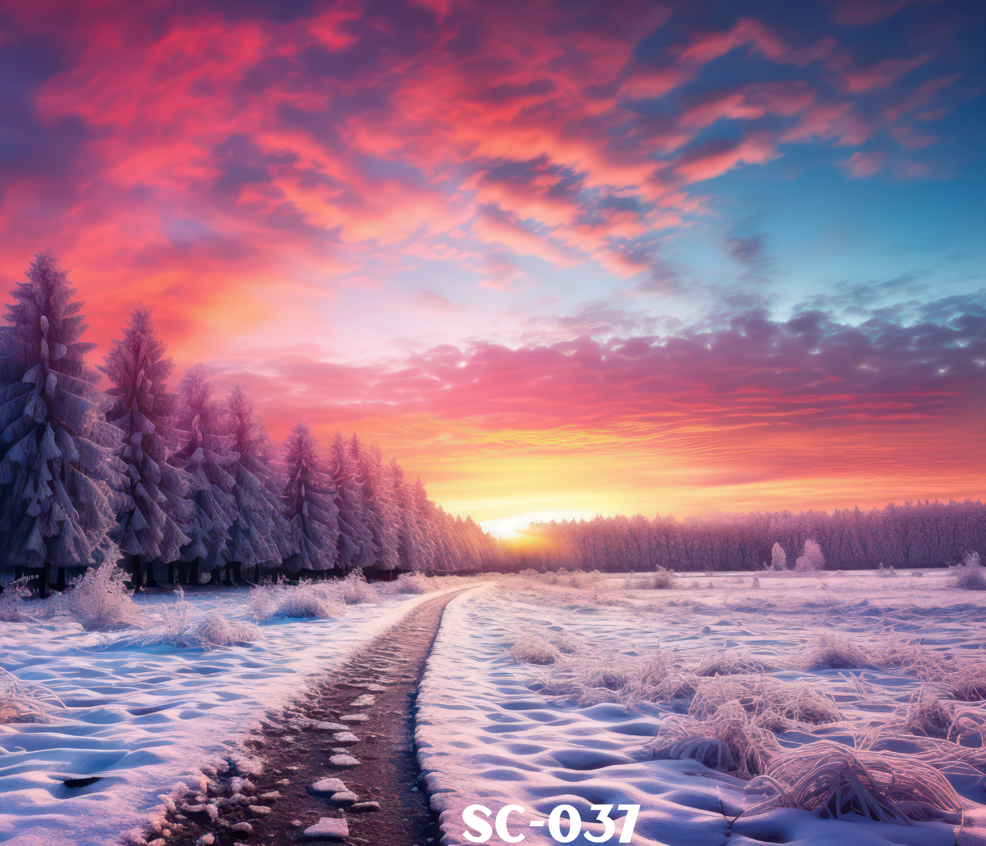 A winter landscape at sunset with snow-covered trees and a partially frozen river. The sky is filled with pink, orange, and purple clouds, creating a colorful sunset scene. The image has a digital artistic effect with a code 'SC-031' in the lower right corner.