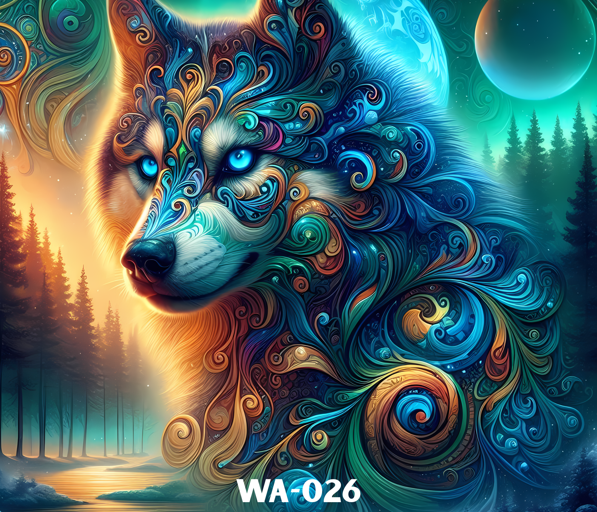 A colorful, artistic illustration of a wolf's face made of swirling patterns and vibrant colors, set against a nature scene with trees, a body of water, and planets in the sky.