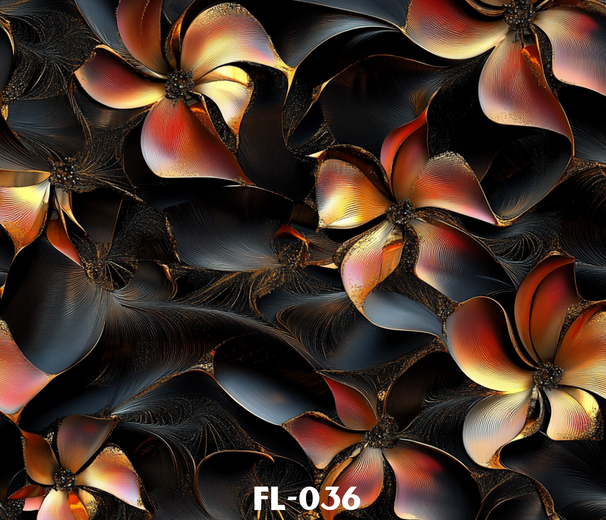 Abstract digital artwork featuring ornately curled and layered floral shapes in warm colors like red, orange, and cream on a dark background, with the text "FL-036" at the bottom.