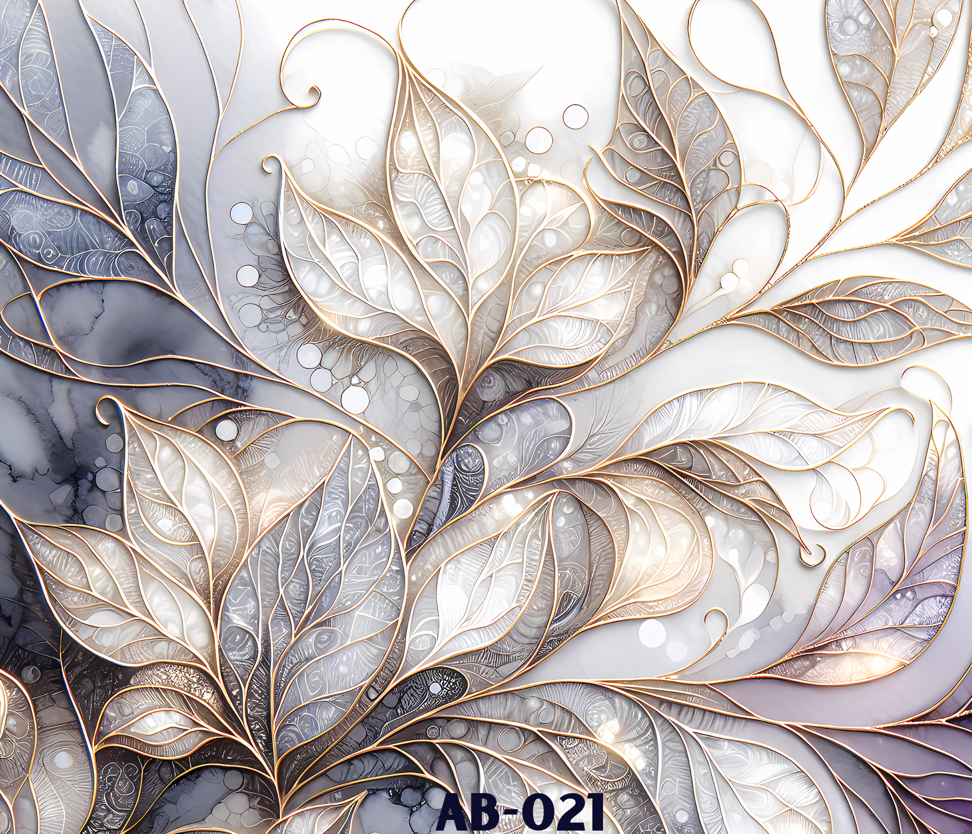 Abstract art featuring swirling and flowing leaf-like patterns in shades of white, gray, and black outlined with gold. The design appears intricate and layered, with a mixture of translucent and opaque textures.