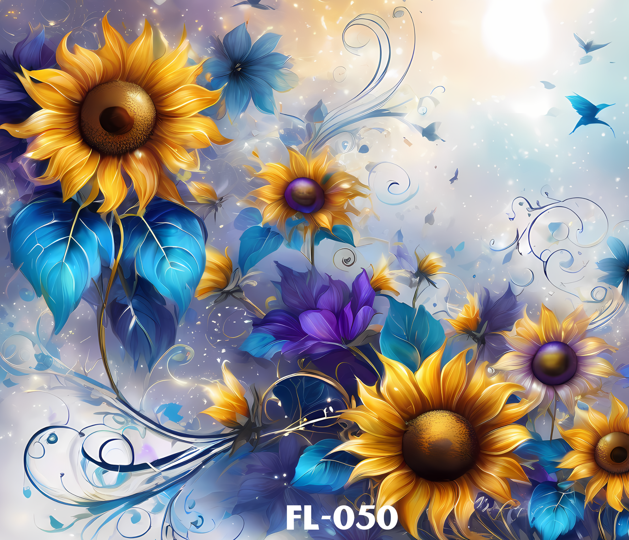 A colorful digital artwork featuring sunflowers, blue and purple flowers, and stylized butterflies and leaves on a light background with sparkling effects. The bottom right corner displays the text 'FL-050'.