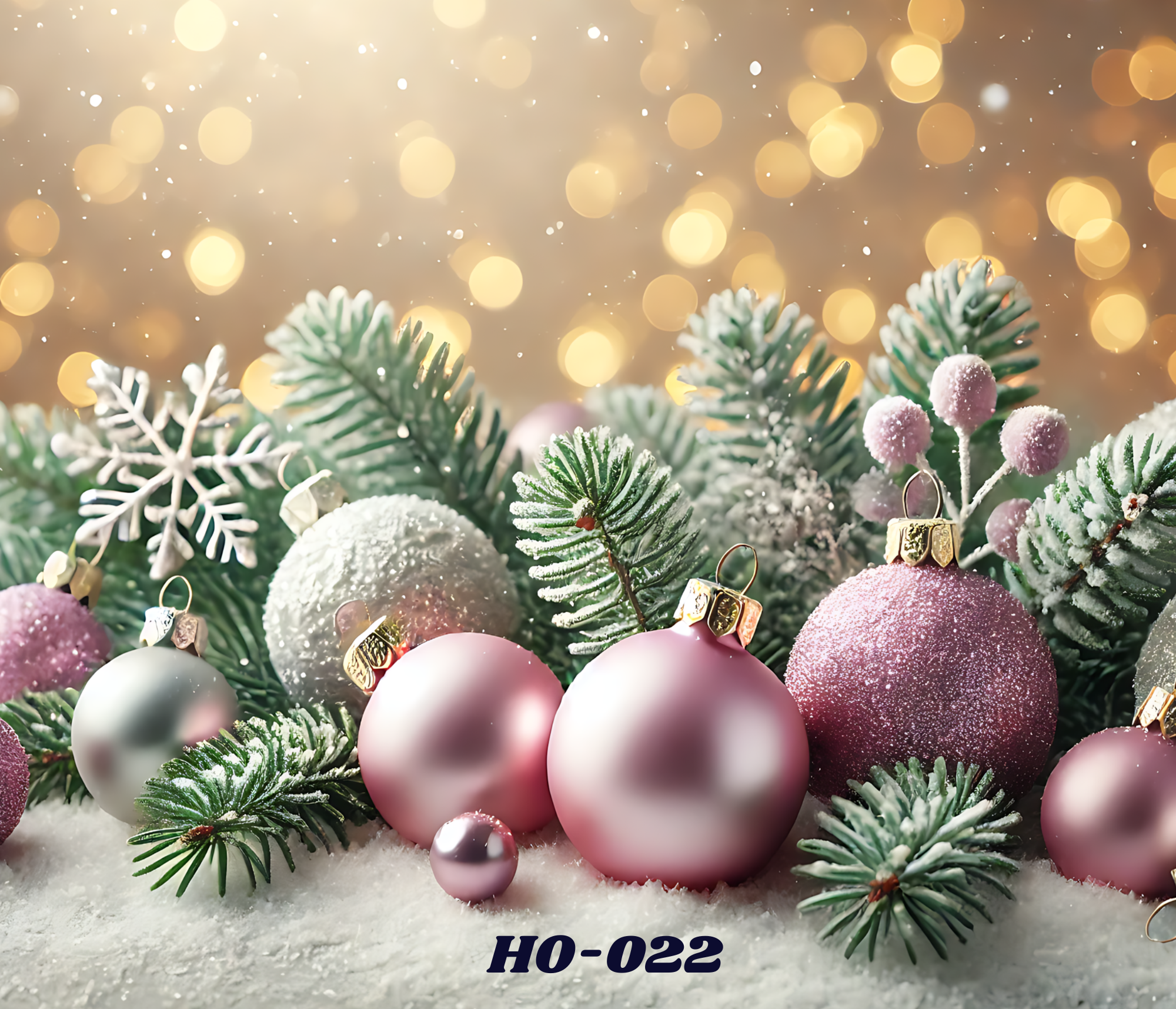 Christmas decorations including pink and white baubles, snow-dusted pine branches, snowflakes, and golden gift tags with bokeh lights in the background.