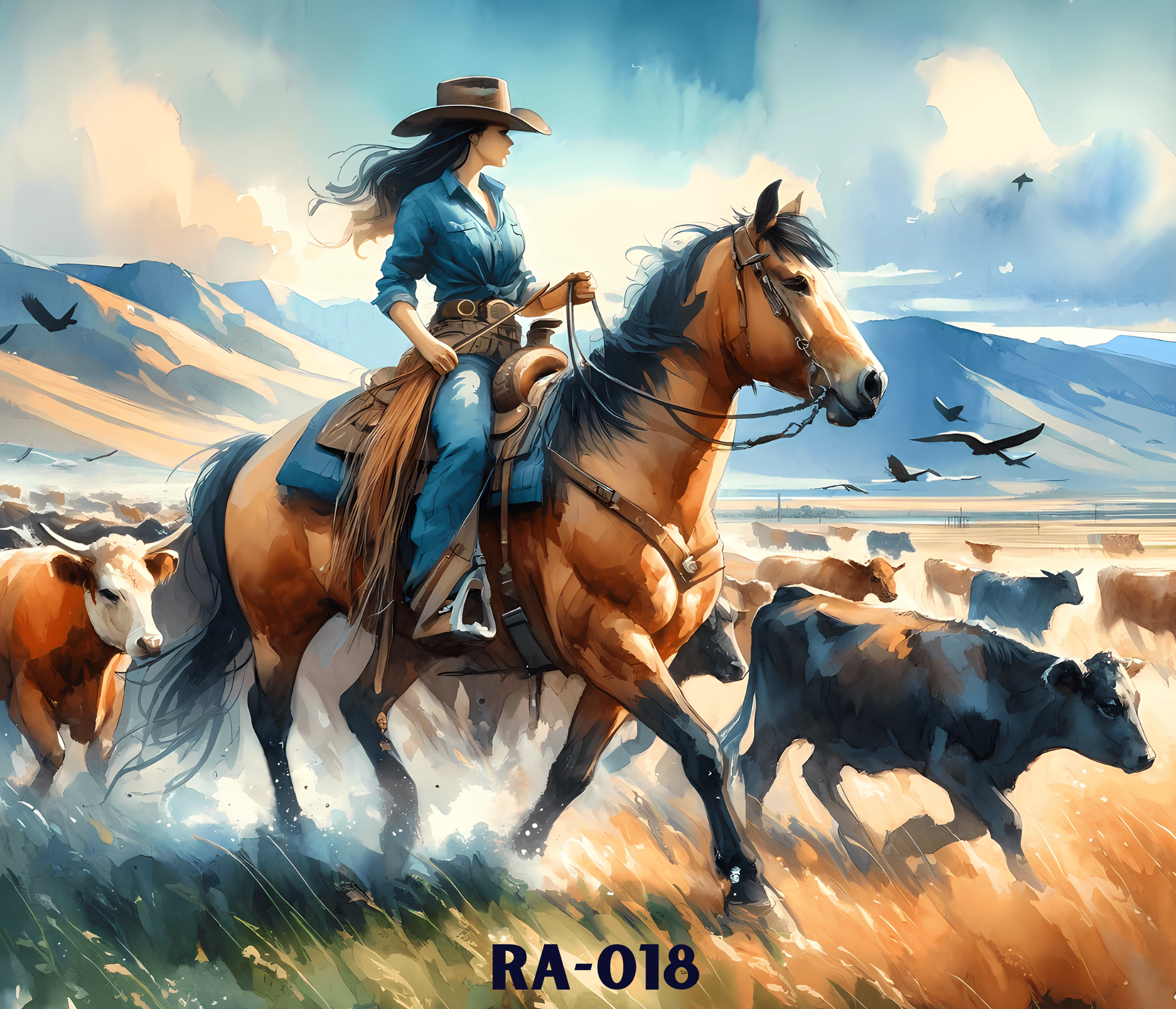 A digital illustration of a woman riding a horse through a landscape with mountains, and black birds flying in the sky.