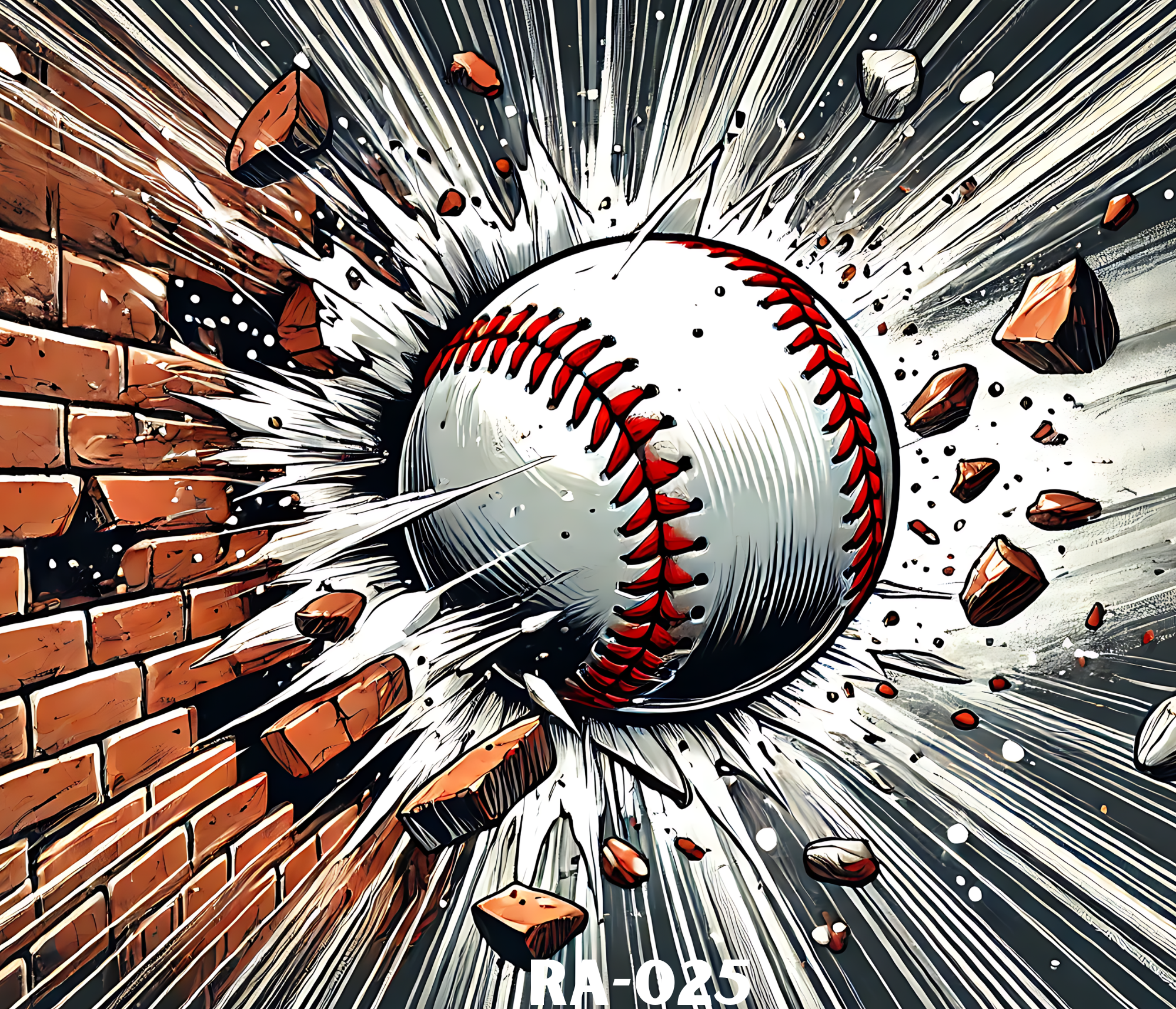 Close up of a baseball breaking through a brick wall, with debris flying in all directions.