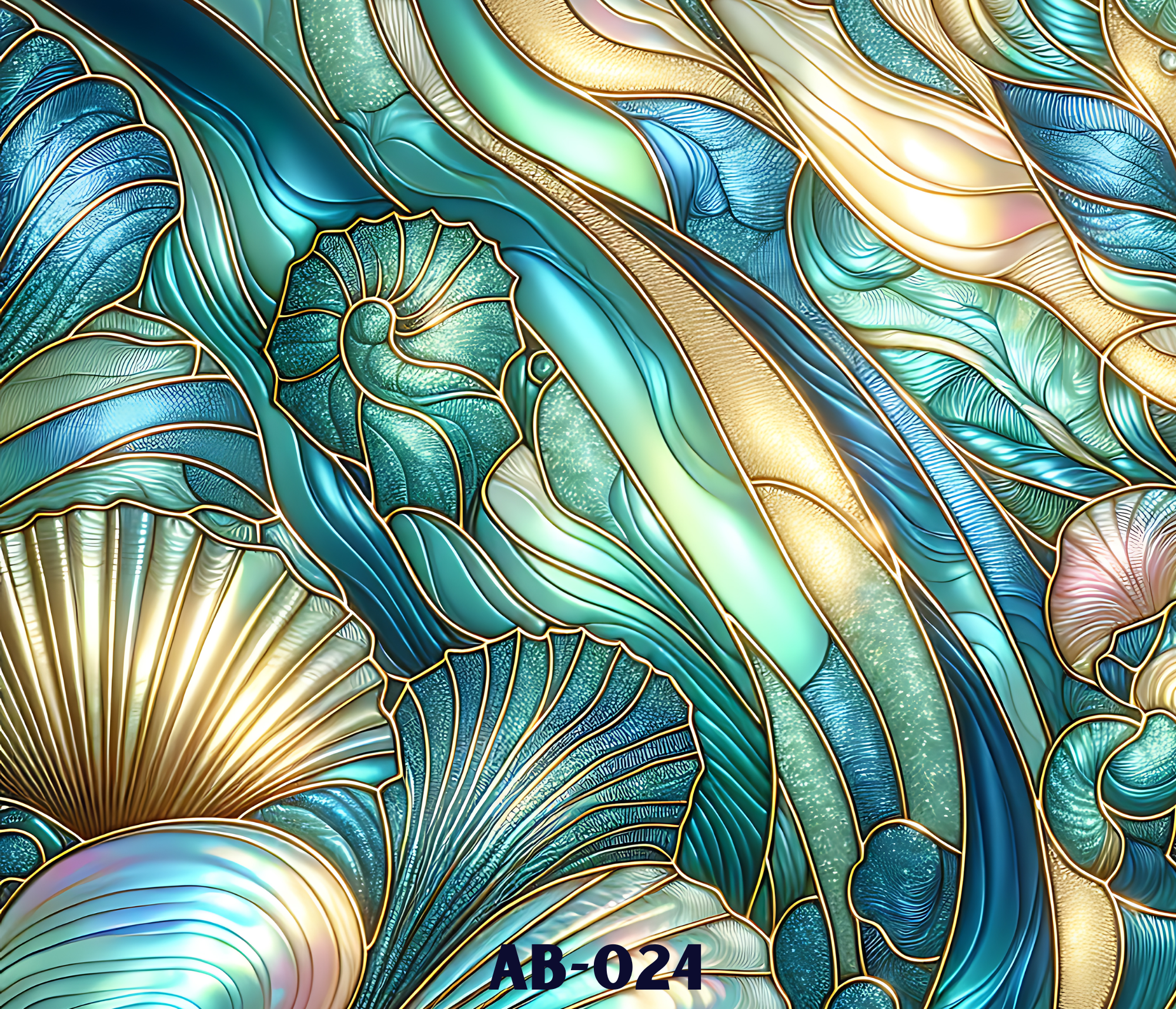 A colorful abstract design resembling seashells or natural forms with flowing shapes in shades of blue, green, gold, and cream, outlined in dark lines. The bottom right corner displays the text 'AB-024'.