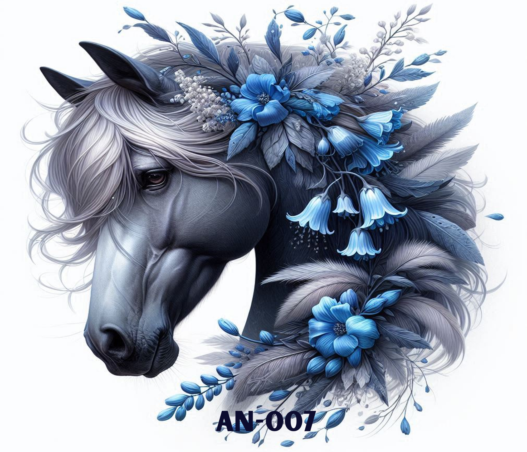 A digital illustration of a horse with its head turned to the left, featuring detailed flowing hair. The horse's head is partially covered with an elaborate arrangement of blue and gray flowers, leaves, and feathers, blending seamlessly into the horse's mane. The background is white,