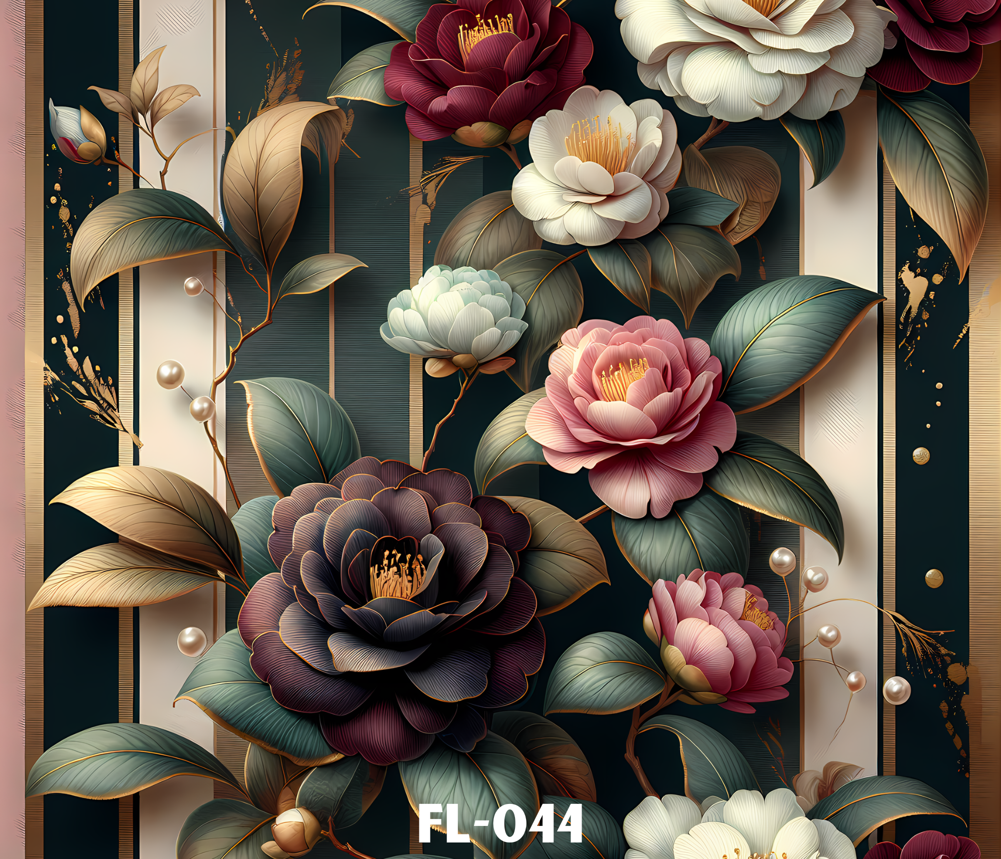 A decorative, floral wall art piece featuring large, detailed flowers in shades of white, pink, and dark red with gold accents, surrounded by gold and pearl embellishments on a striped background with black, white, and gold accents.