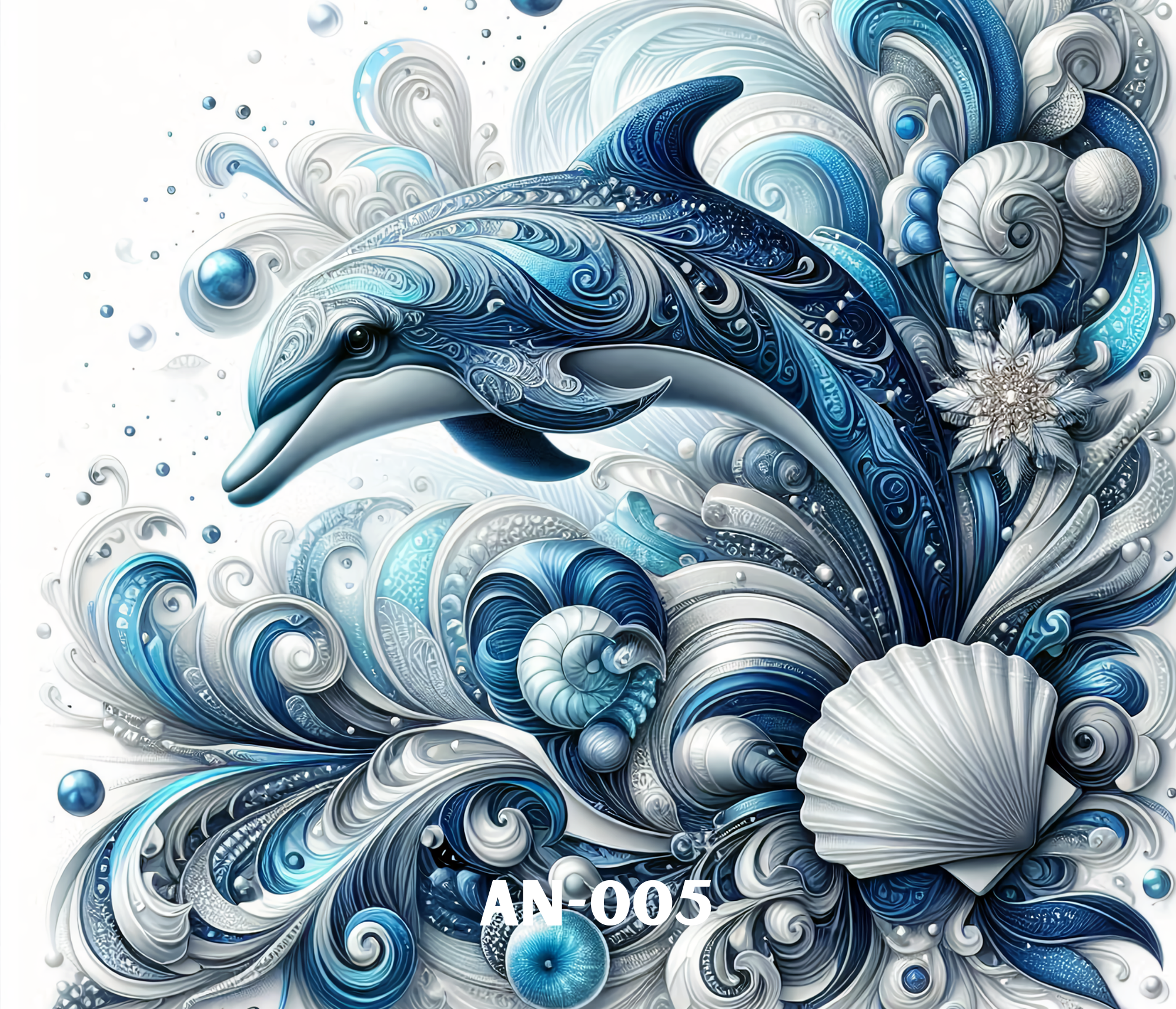Digital artwork of a whale with intricate, swirling patterns in shades of blue, white, and gray, surrounded by bubbles and abstract floral elements.