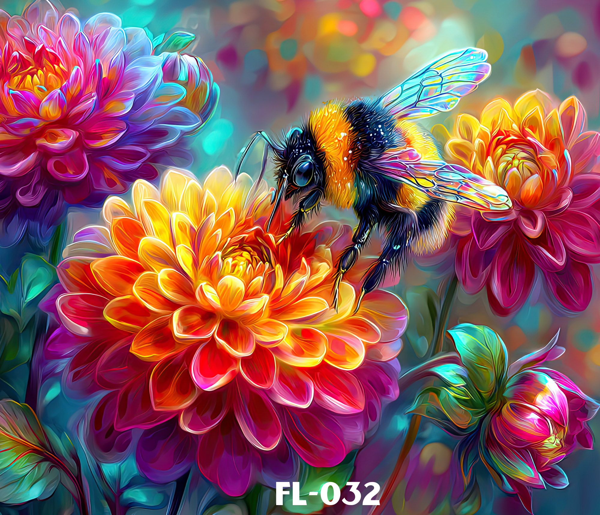 Close-up of a colorful, digitally manipulated bee on a vibrant flower, with an abstract, rainbow-hued background.