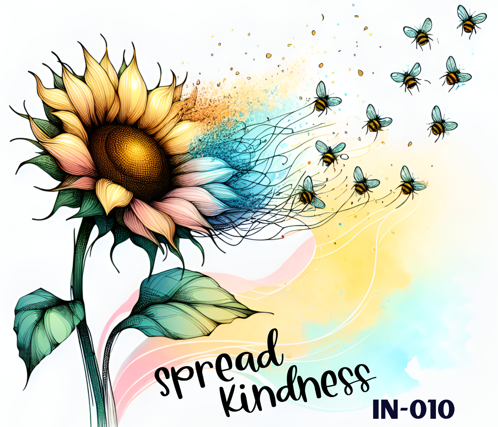 Illustration of a sunflower with yellow and pink petals, surrounded by bees flying around, with colorful splashes and a partial text reading 'spread kindness'.