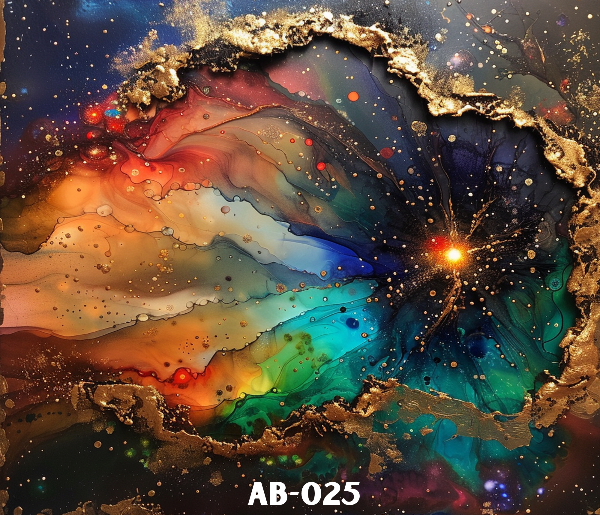 Abstract colorful background resembling a galaxy or nebula with swirling patterns, stars, and gold accents, labeled with the code 'AB-025' at the bottom.